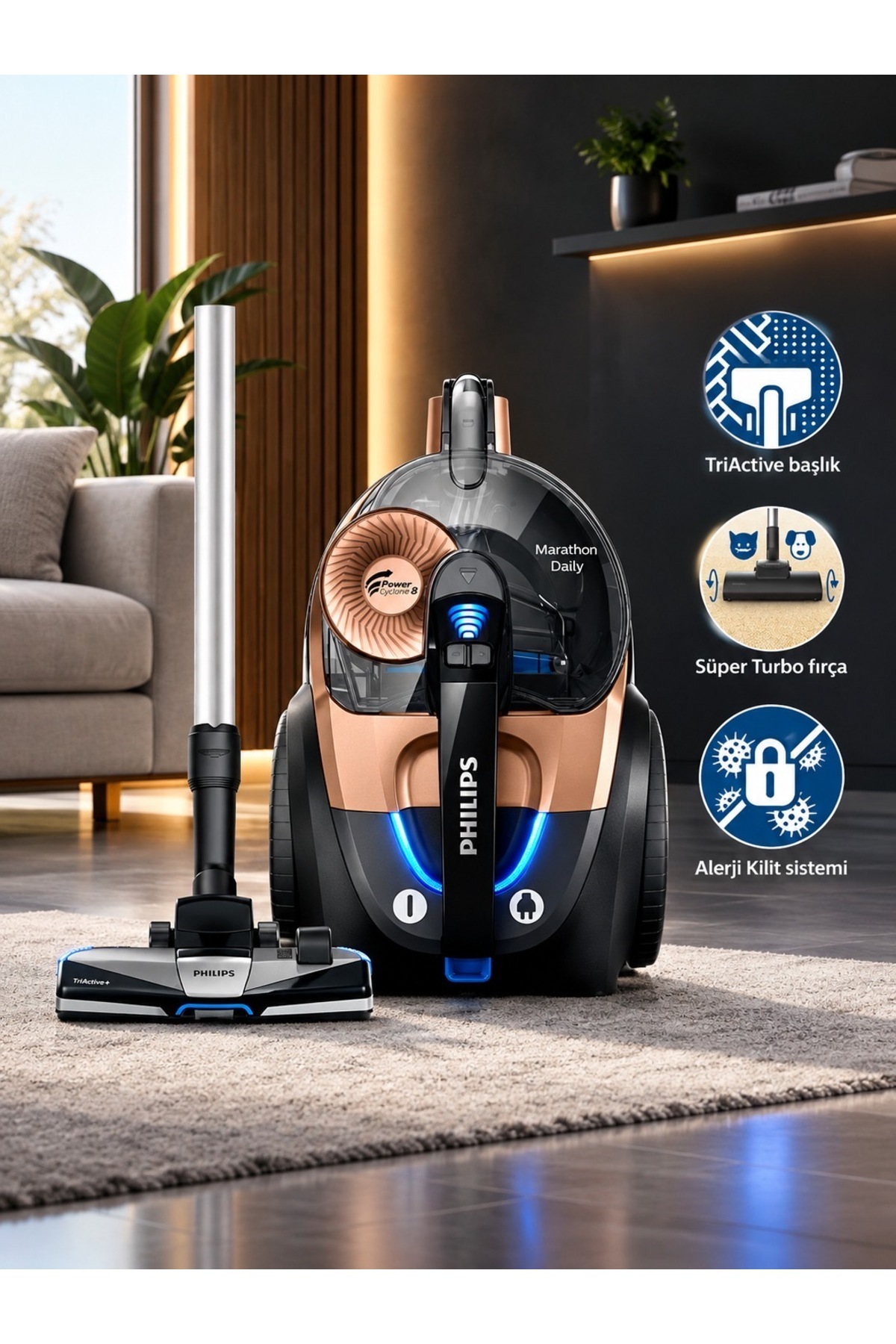 Philips ELVT Yeni LED Işıklı Başlık Marathon Daily Toz Torbasız Süpürge PowerCyclone 8, Turbo Fırça, Siyah Ve Bakır TriActive+ Başlık, Allergy H13 Filtre Sistemi, Dijital Güç Kontrolü