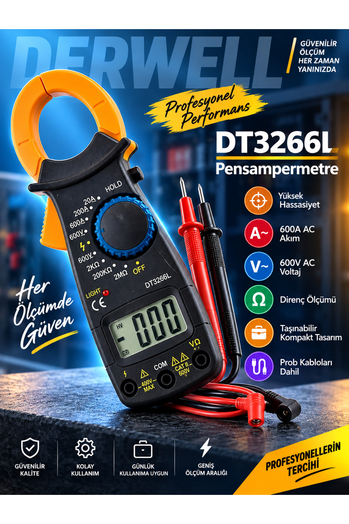 DT3266L Dijital Mini Pensampermetre Multimetre Akım Ölçer Ölçü Aleti AC/DC Voltaj Direnç Test Cihazı LCD Ekranlı Akıllı Elektrik Test Cihazı Kablo Ölçüm Probu Dahil Profesyonel Tamir Seti
