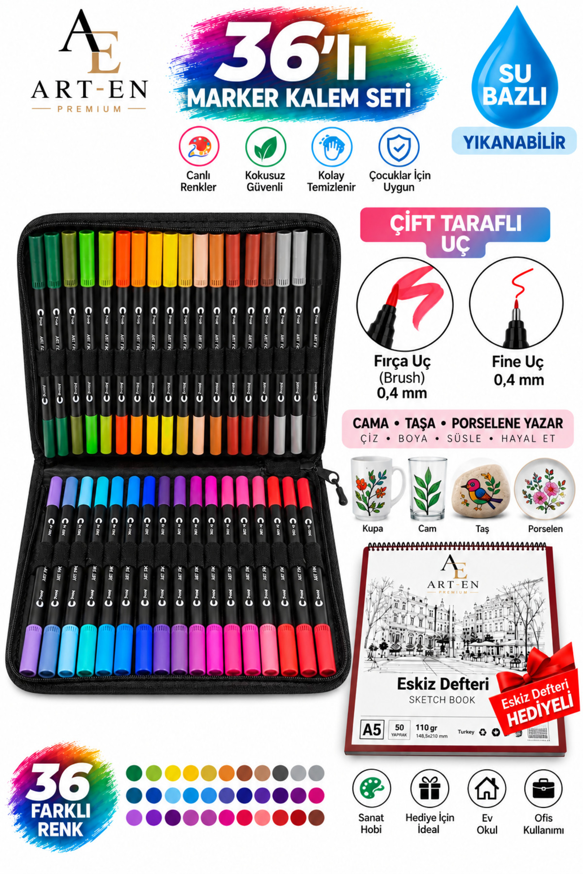 Art-en 36 Lı Çift Taraflı Uçlu Fırça Uç Ve 0.4 Mm Fine Uçlu Marker Kalem seti Çantalı kalem Seti
