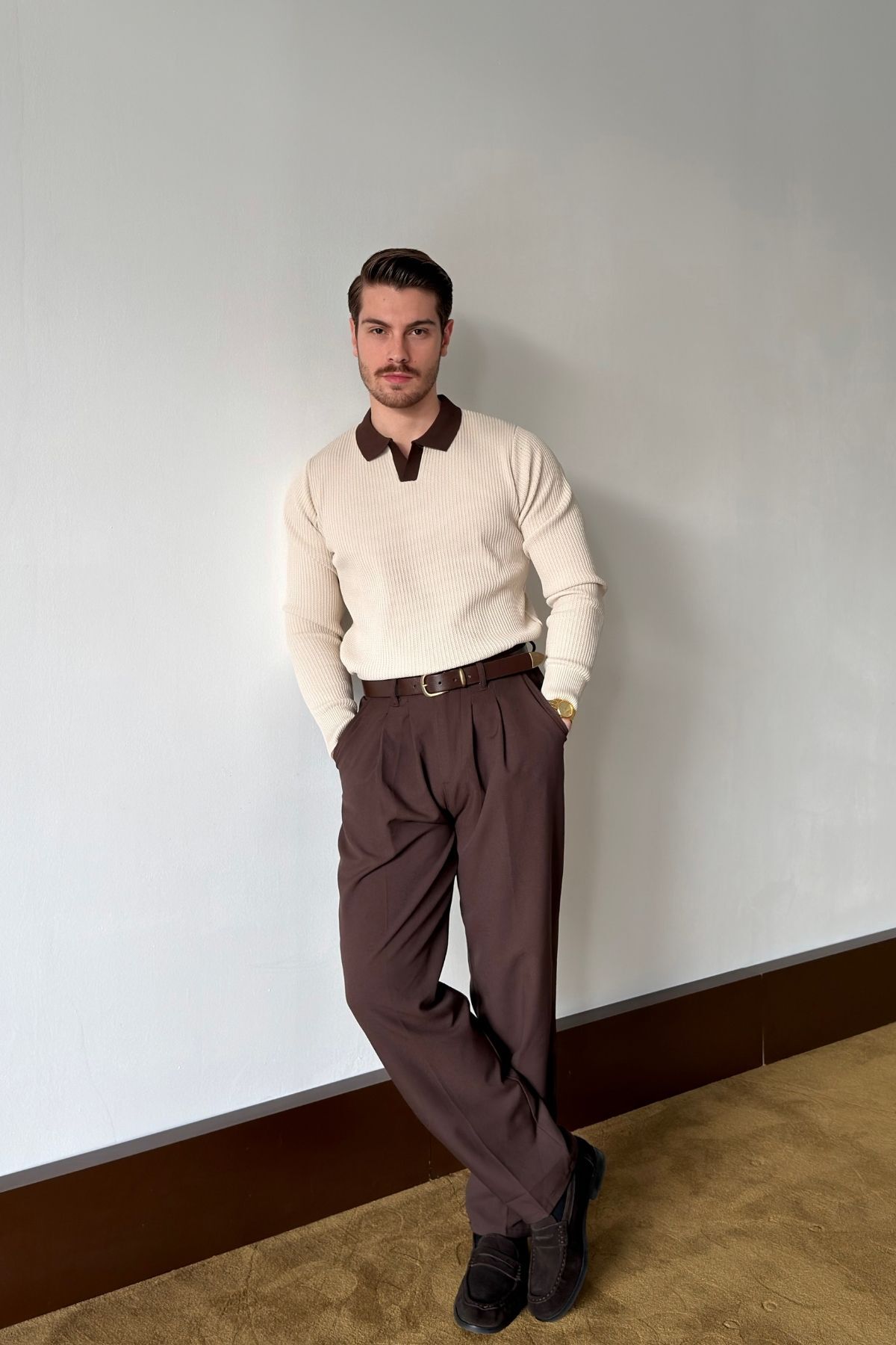 Livio Ferri Atri Çift Renk Dokulu Regular Fit Polo Yaka Bej Erkek Triko Kazak görsel 6