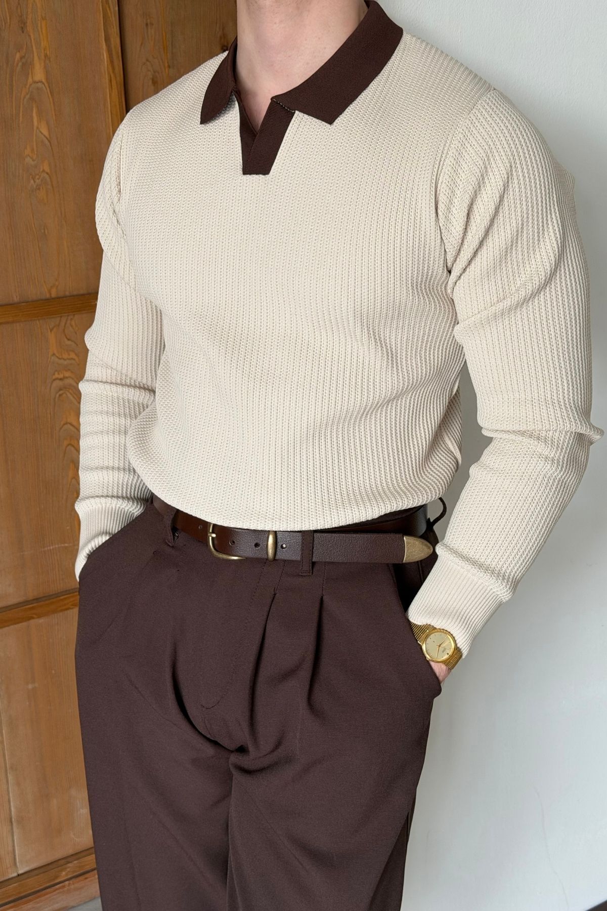 Livio Ferri Atri Çift Renk Dokulu Regular Fit Polo Yaka Bej Erkek Triko Kazak