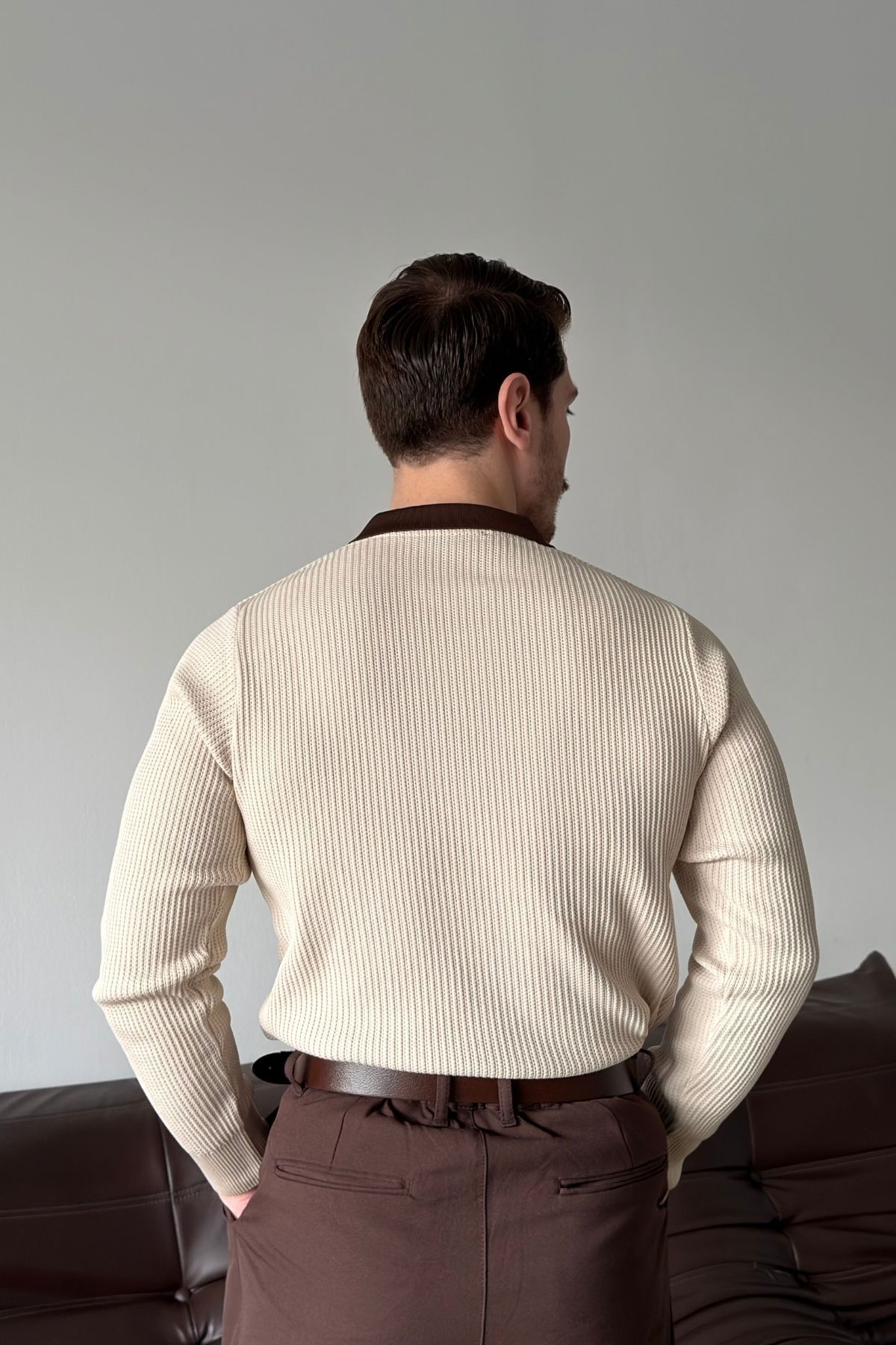 Livio Ferri Atri Çift Renk Dokulu Regular Fit Polo Yaka Bej Erkek Triko Kazak görsel 8