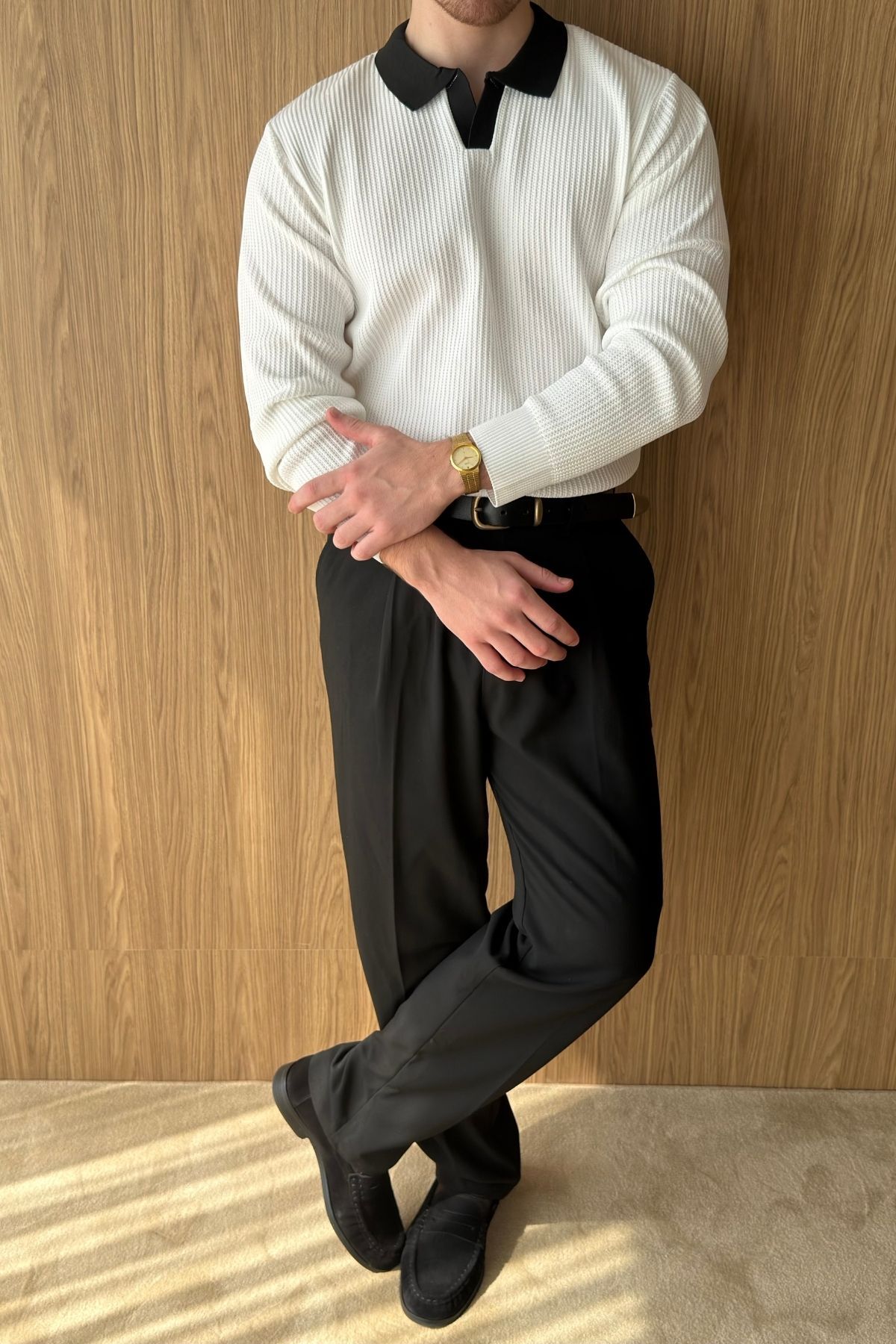 Livio Ferri Atri Çift Renk Dokulu Regular Fit Polo Yaka Beyaz Erkek Triko Kazak görsel 7