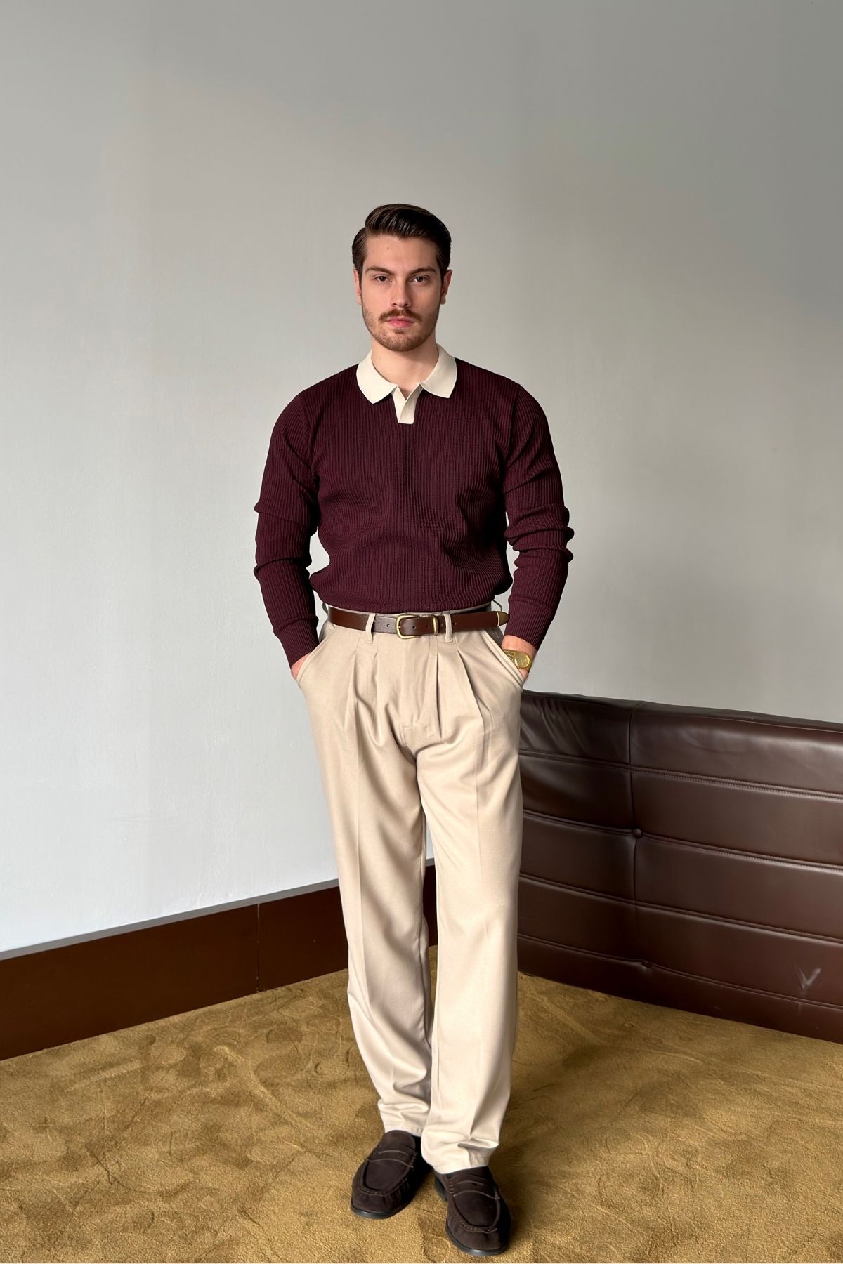 Atri Çift Renk Dokulu Regular Fit Polo Yaka Bordo Erkek Triko Kazak — رنگارنگ 36031 — تصویر 6 از 8