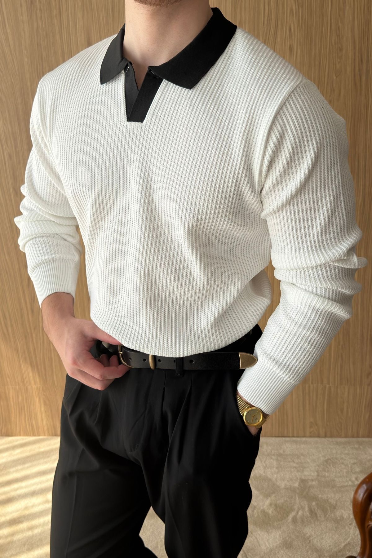 Livio Ferri Atri Çift Renk Dokulu Regular Fit Polo Yaka Beyaz Erkek Triko Kazak görsel 6