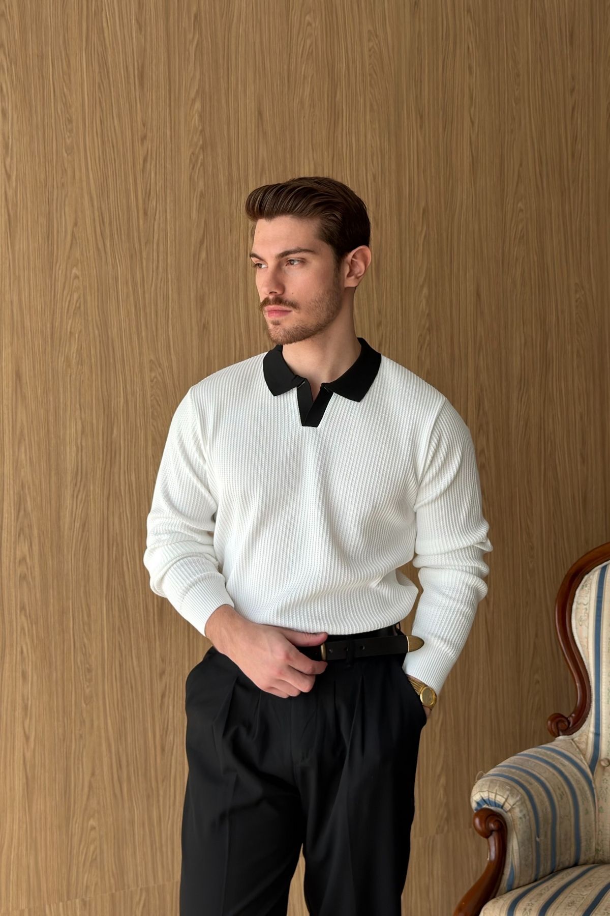 Livio Ferri Atri Çift Renk Dokulu Regular Fit Polo Yaka Beyaz Erkek Triko Kazak görsel 2