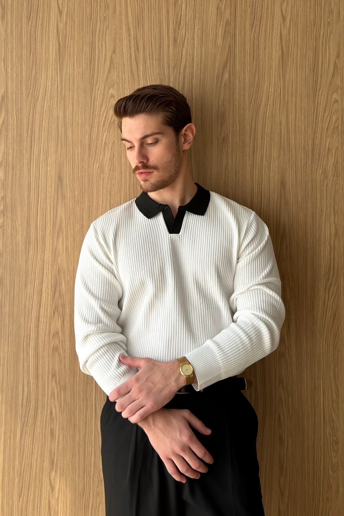 Livio Ferri Atri Çift Renk Dokulu Regular Fit Polo Yaka Beyaz Erkek Triko Kazak görsel 4