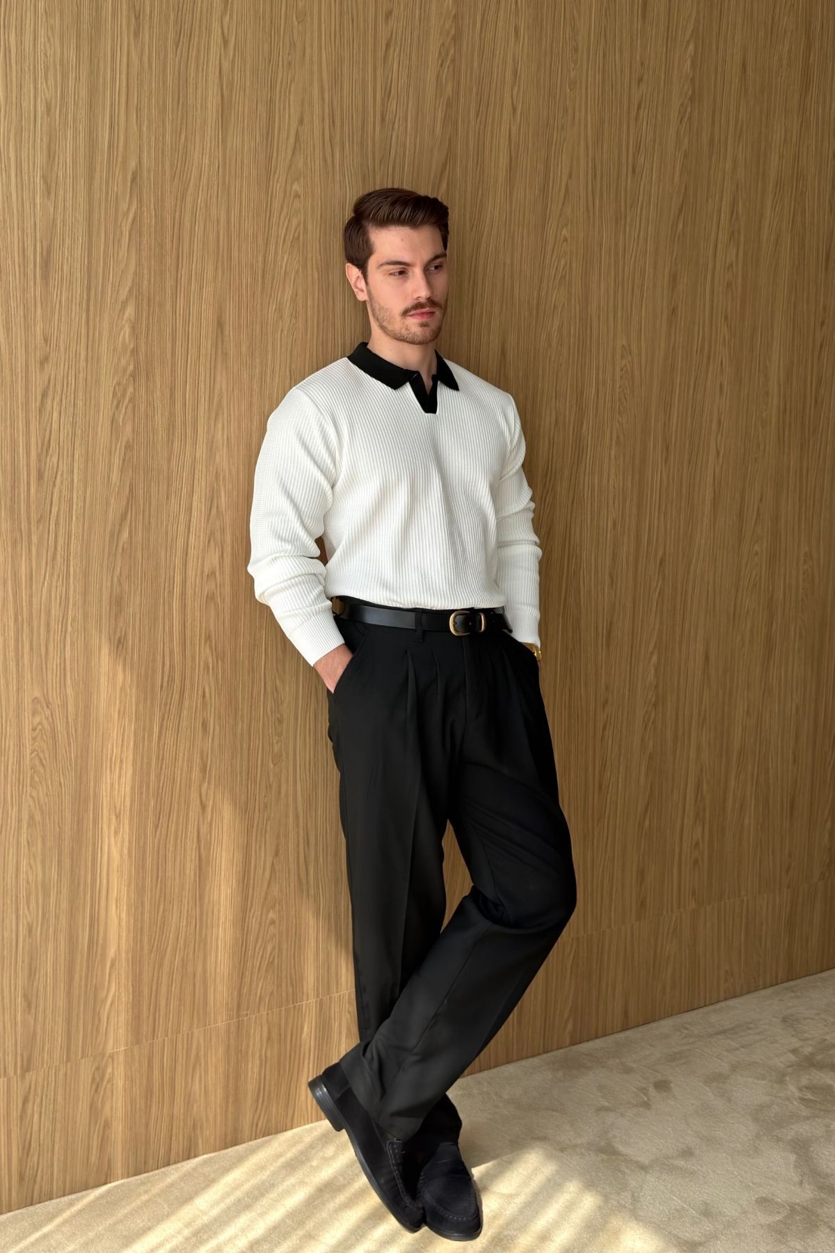 Livio Ferri Atri Çift Renk Dokulu Regular Fit Polo Yaka Beyaz Erkek Triko Kazak görsel 5