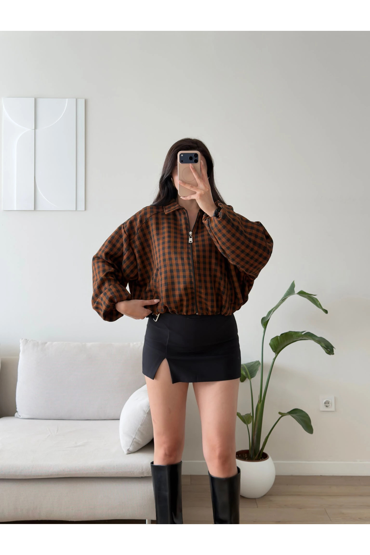 Zoom Butik Ekose Desen Oversize Mont - KAHVE görsel 3