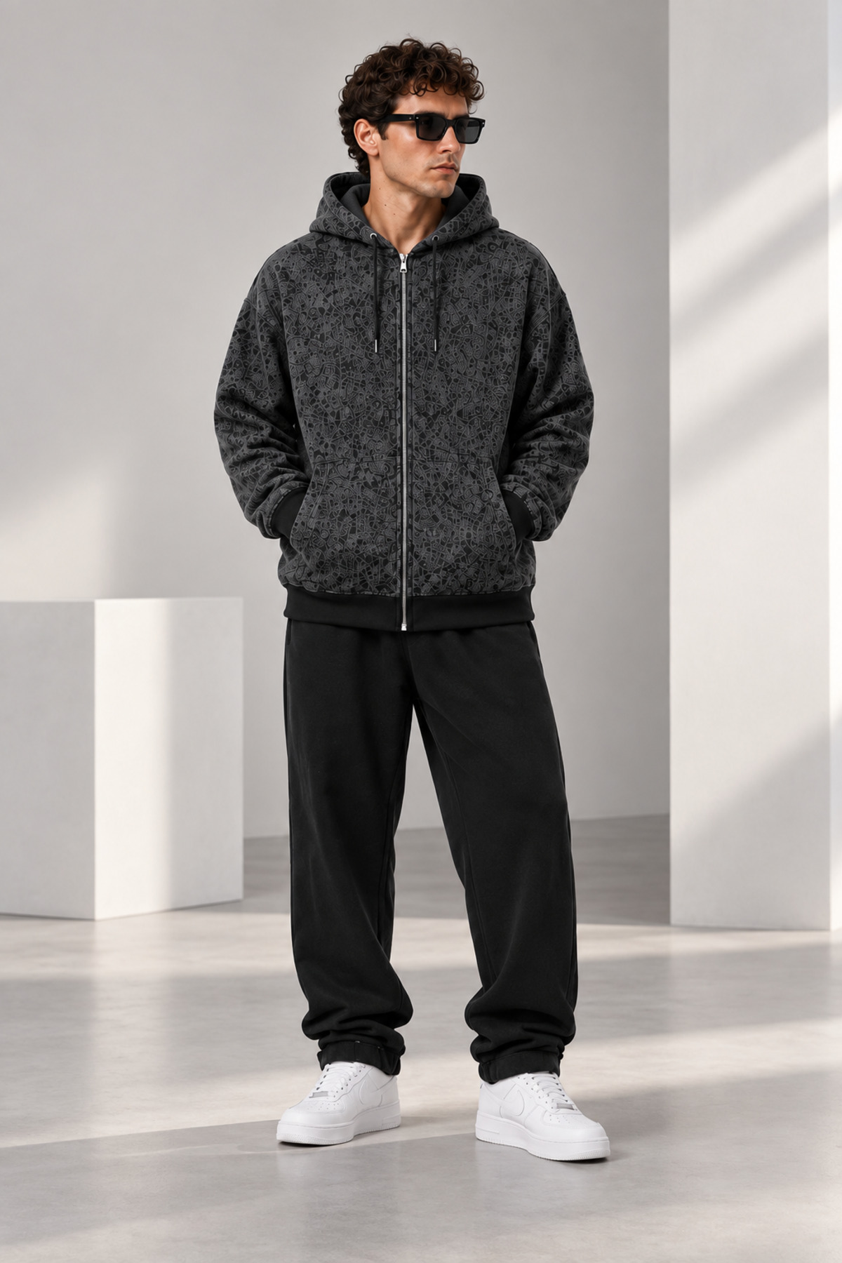 Joetsu Unisex Oversize Desenli Fermuarlı Kapüşonlu Sweatshirt Cepli Rahat Kalıp Streetwear Hoodie görsel 3