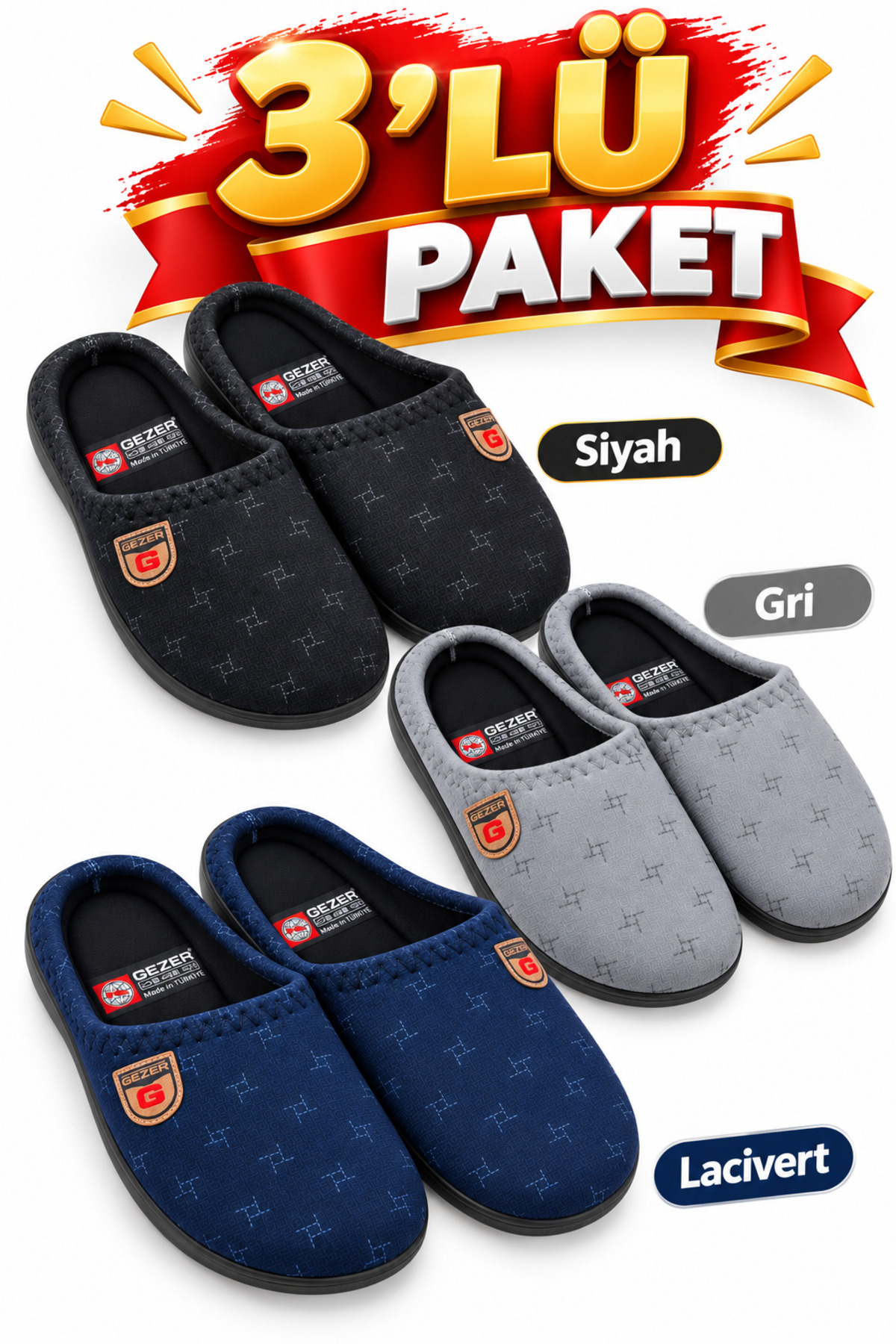 GEZER 3'lü Paket Kışlık Erkek Ev Misafir Çeyiz Bohça Terliği