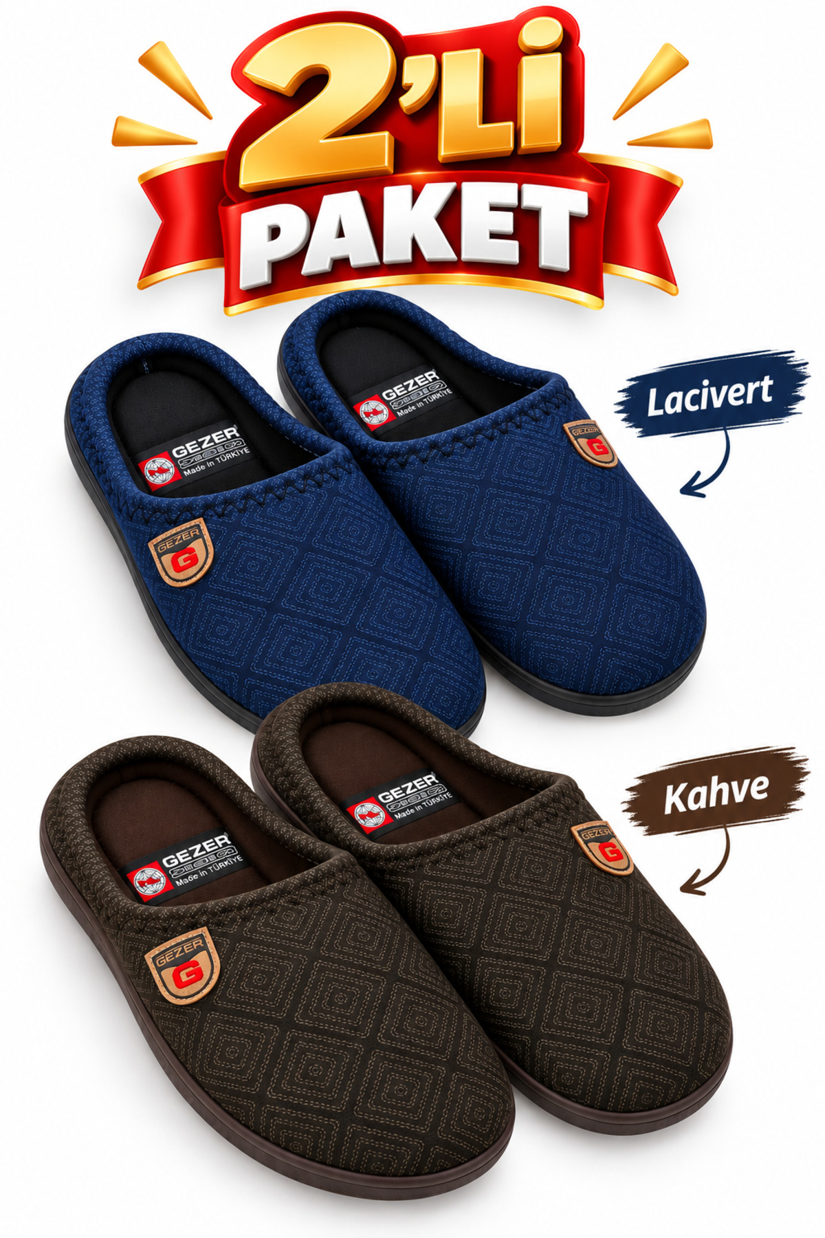 GEZER 2'li Paket Kışlık Erkek Ev Misafir Çeyiz Bohça Terliği