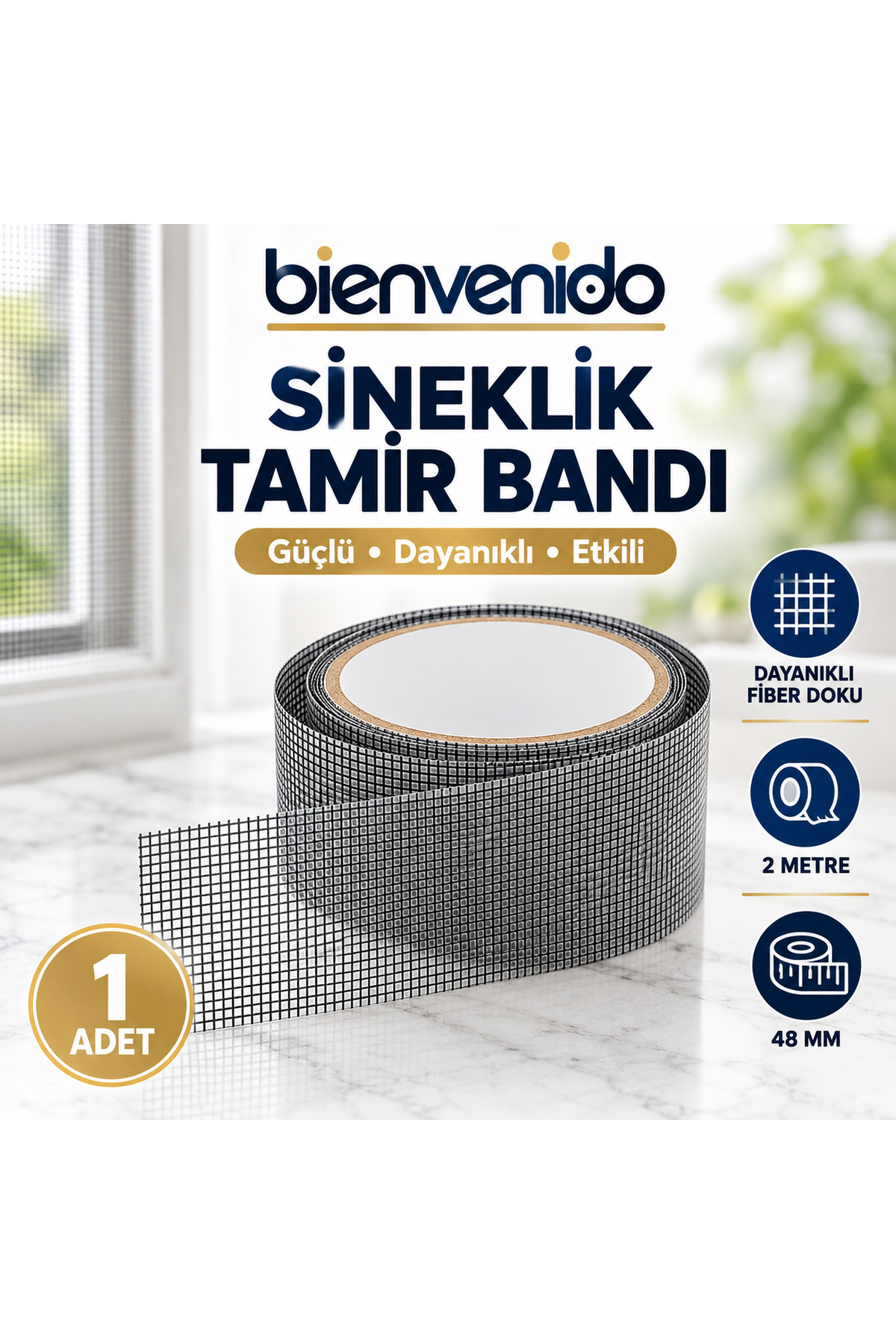 Yapışkanlı Sineklik Yaması Tülü Tamir Bandı Bantı Delik Fiber Tül Yapıştırma Gri 48 Mm X 2 Metre