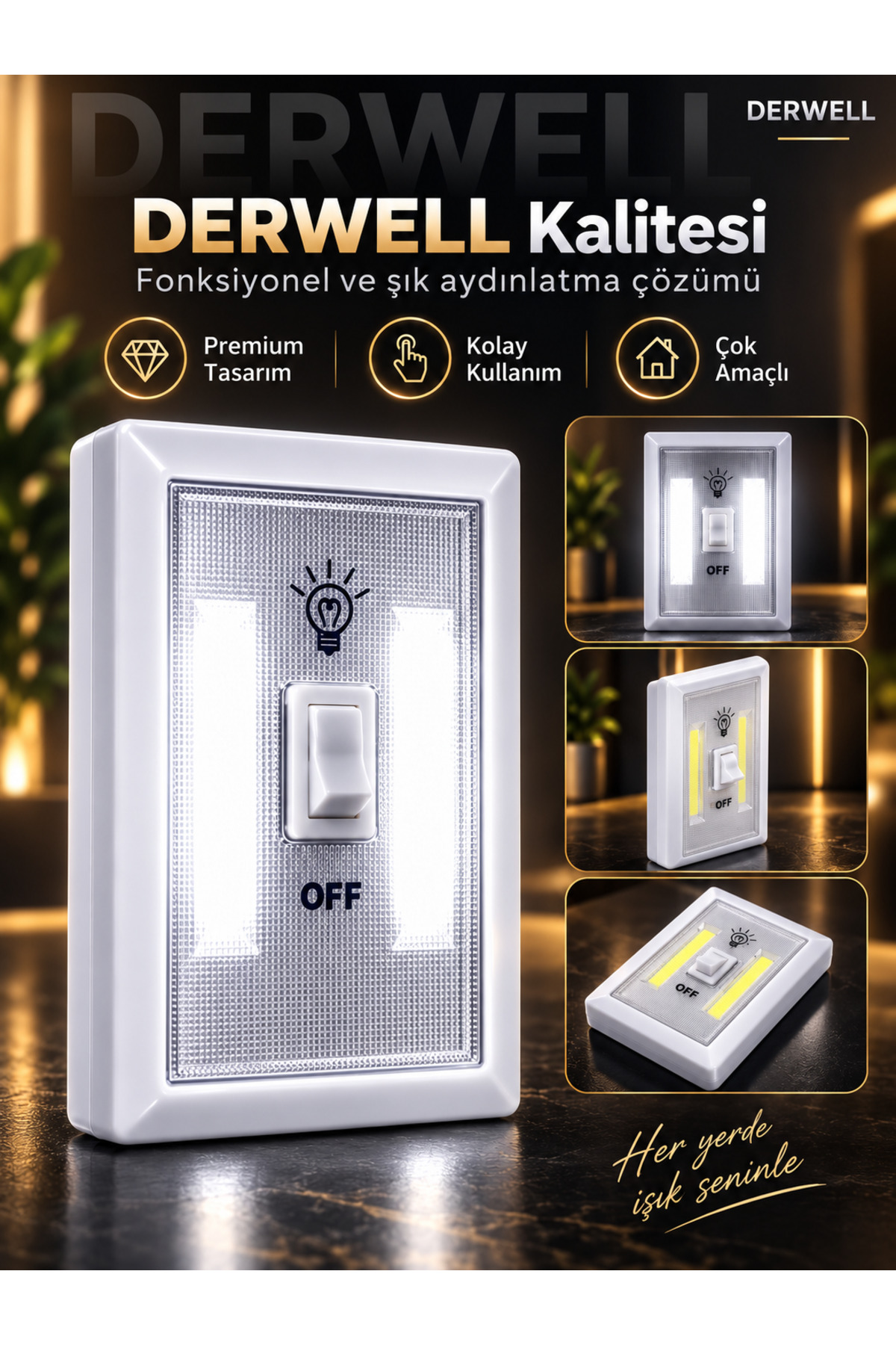 Kablosuz COB LED Duvar Lambası - Pilli Pratik Led Gece Lambası Anahtarlı Işıldak - Ev Ofis Dolap İçi Gardırop Karavan Merdiven Aydınlatması Mıknatıslı Taşınabilir Lamba
