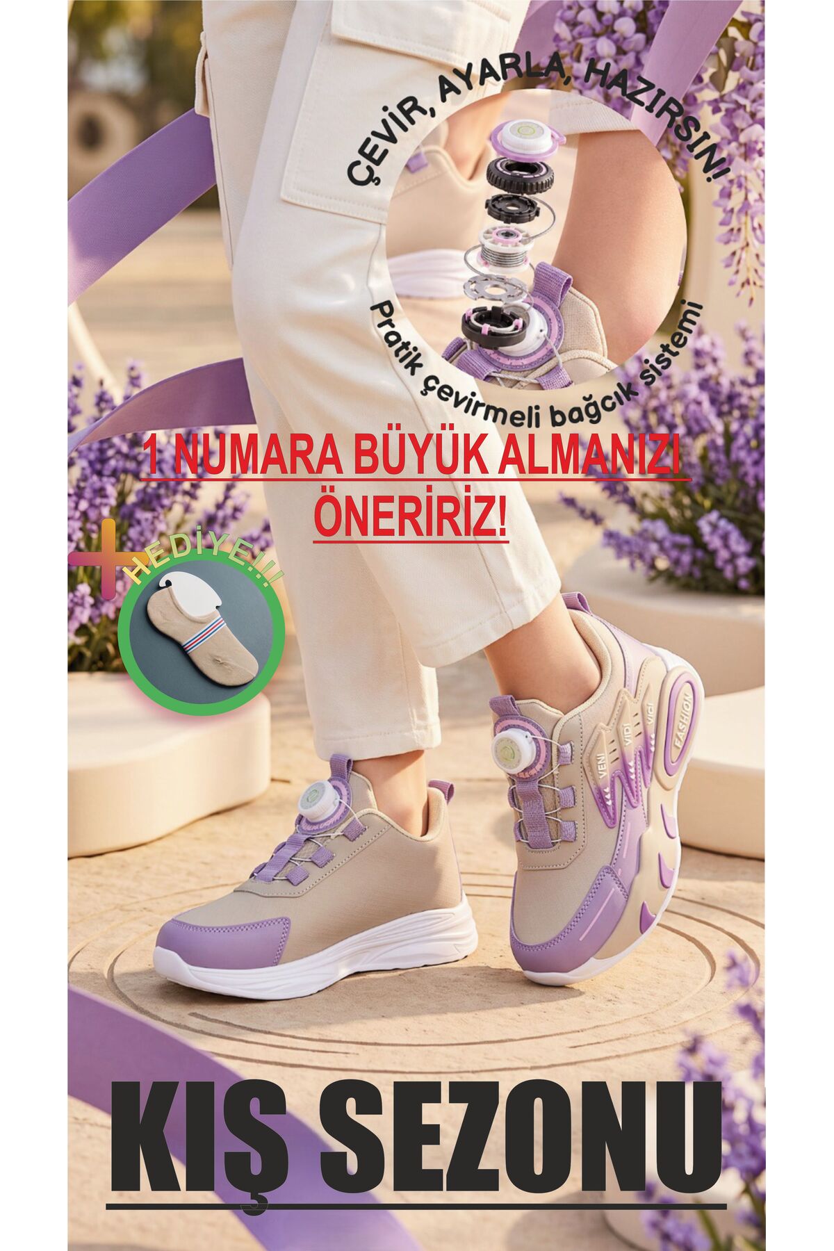 Prokids Veni Vidi Vici (Kışlık)Tasarımlı Hafif Taban Bağcık Mekanizmalı Kız Çocuk Spor Ayakkabı + çorap hediye