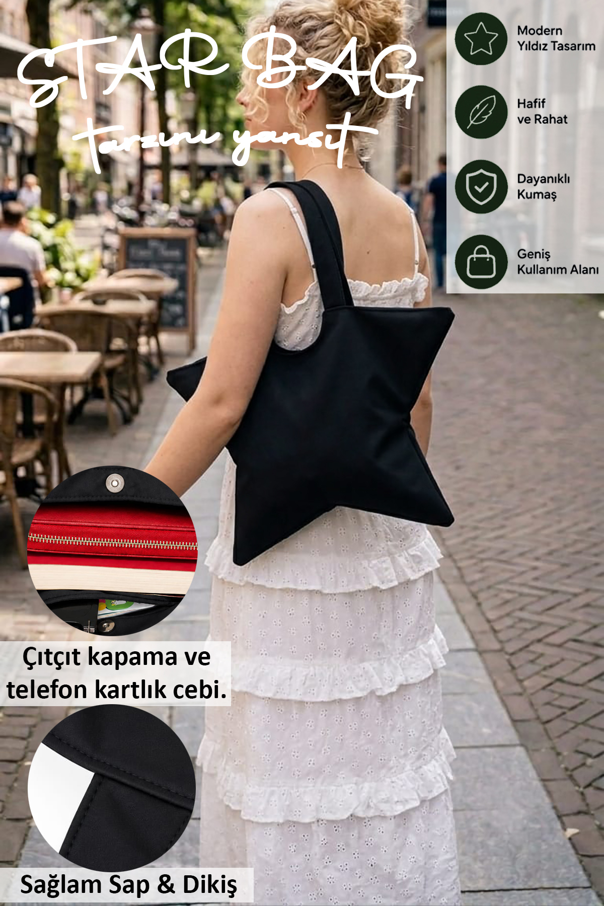 tuttobene STAR BAG Yıldız Çanta Çıtçıtlı İç Cepli Özel Tasarım Omuz Çantası Su geçirmez Leke Tutmaz TB052 görsel 2