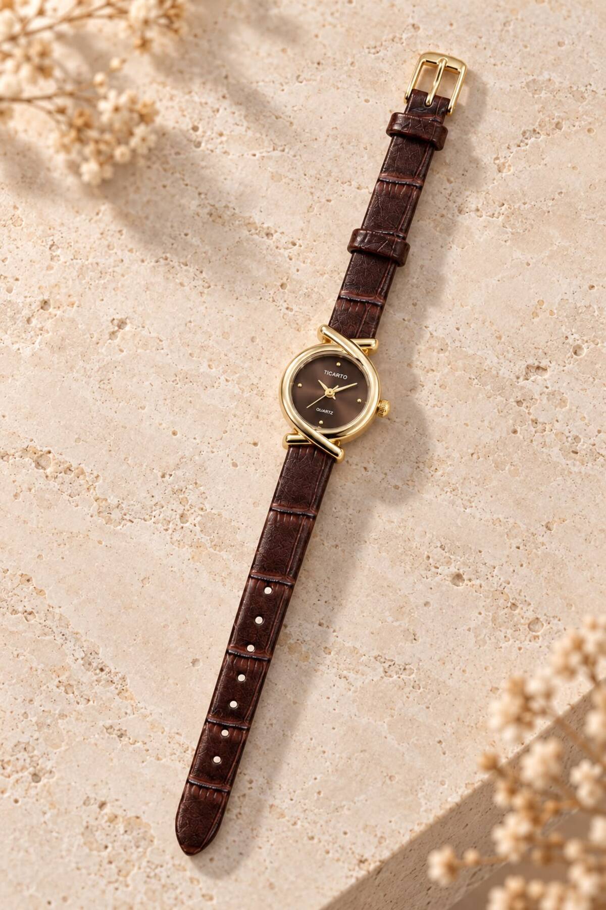 YUESSE Minimal Vintage Retro Siyah Kahve Krem Deri Kordon 22mm Kol Saati