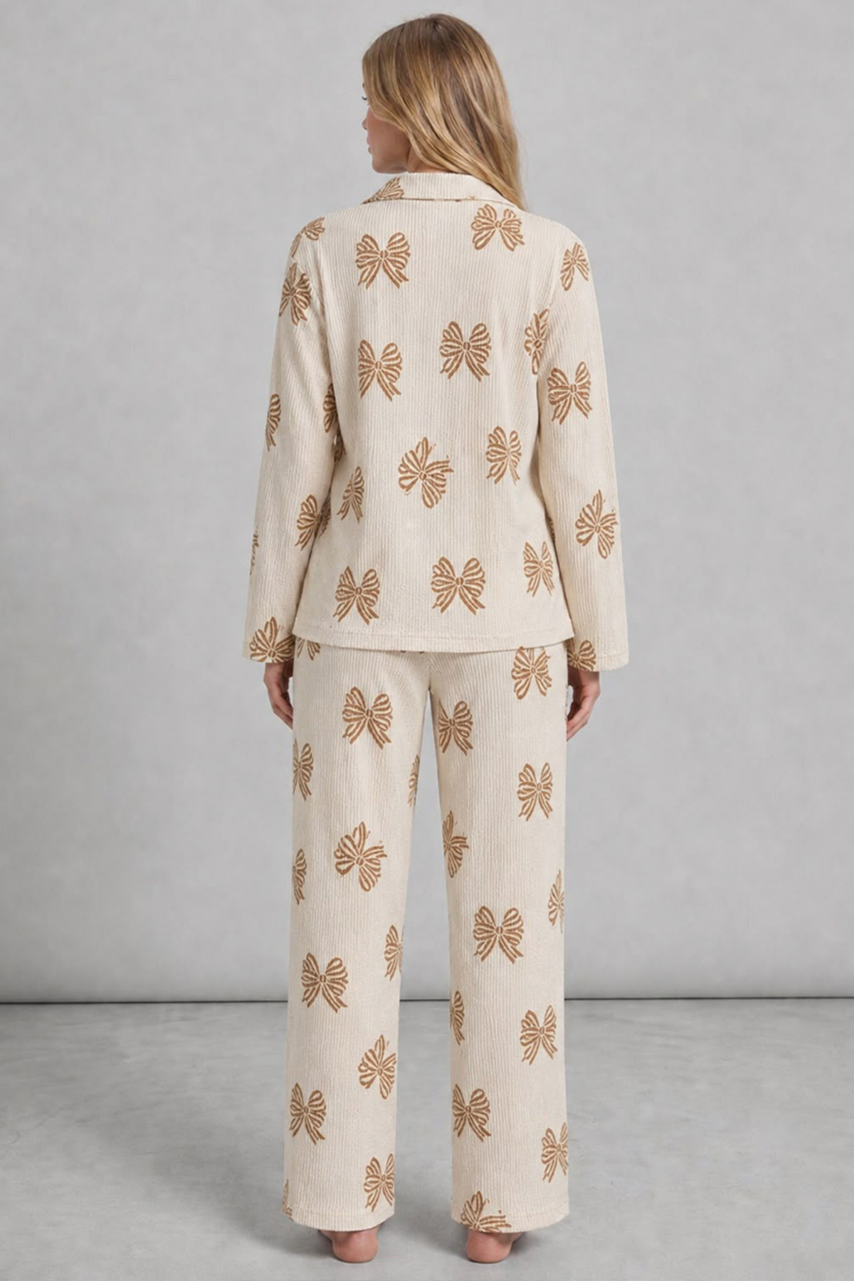 FİT WOMEN Kadın Desenli Uzun Kollu Krem Pijama Takımı 4762 görsel 4