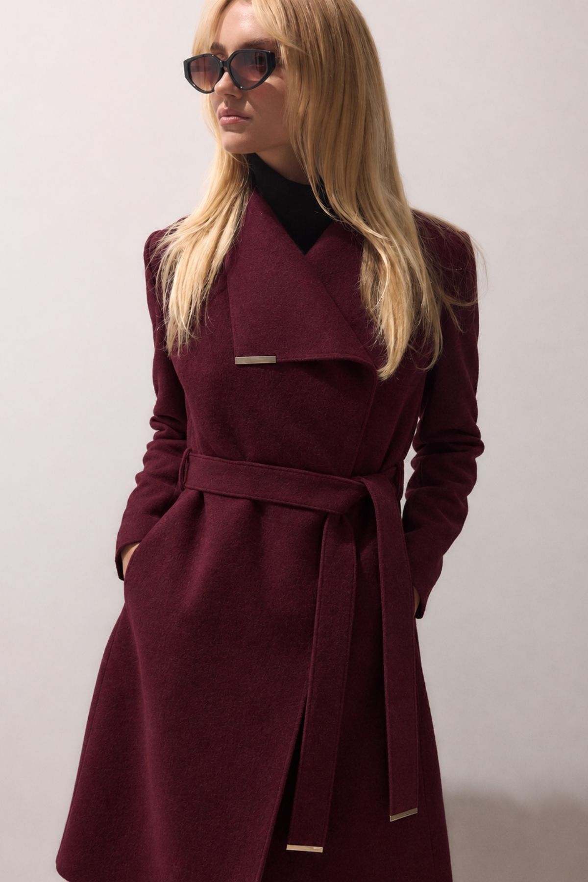 MAG FASHİON Kadın Bordo Kaşe Kaban Özel İtalyan Tasarım