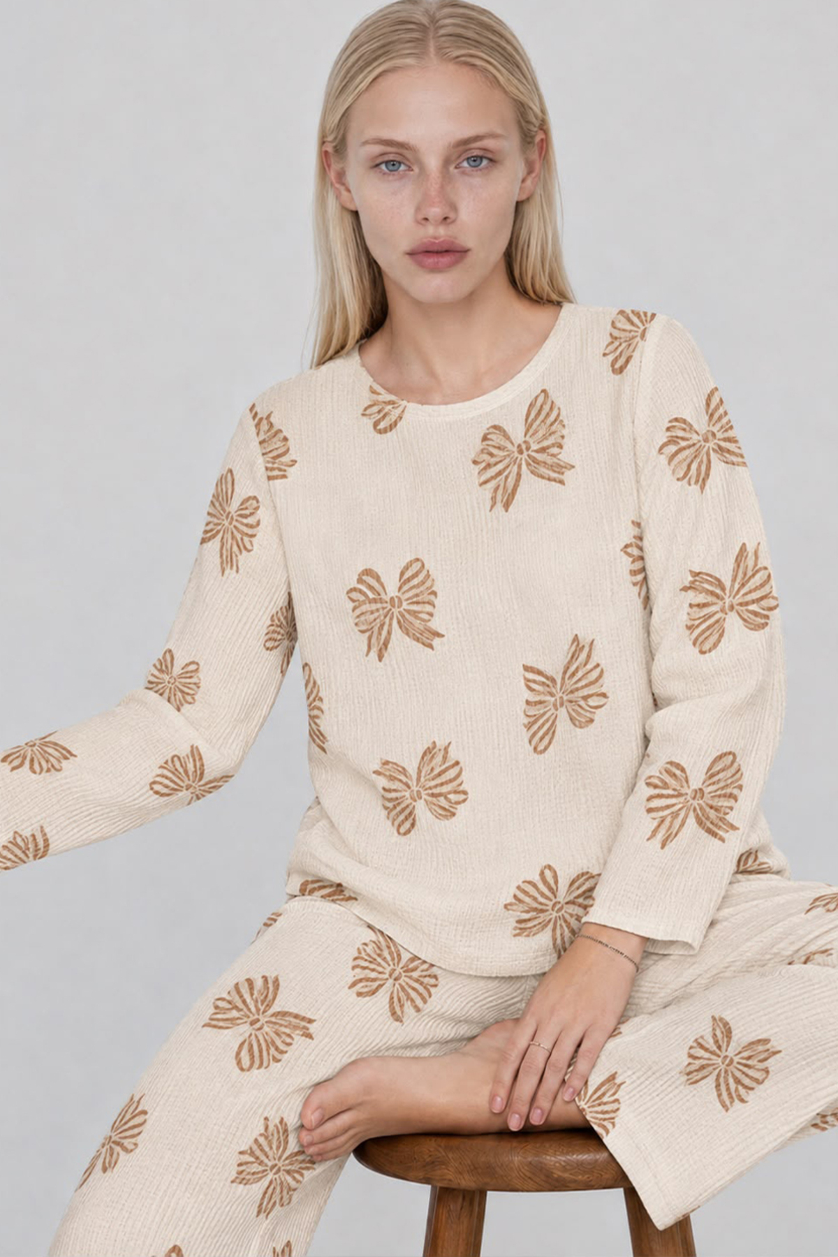 FİT WOMEN Kadın Desenli Uzun Kollu Krem Pijama Takımı 4762
