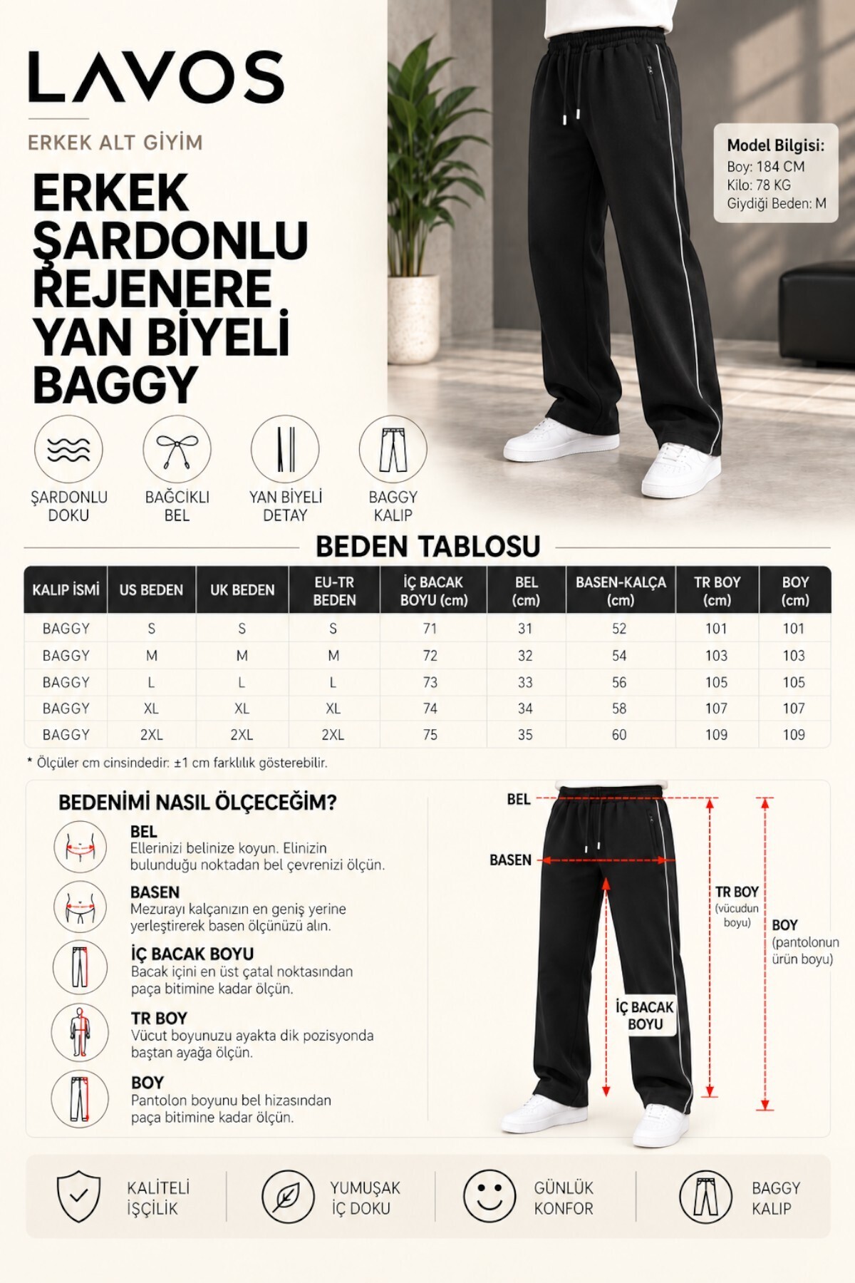 LAVOS Erkek Lacivert Şardonlu Yan Biyeli Baggy Eşofman Altı Geniş Paça Lastikli Bel Bağcıklı görsel 8