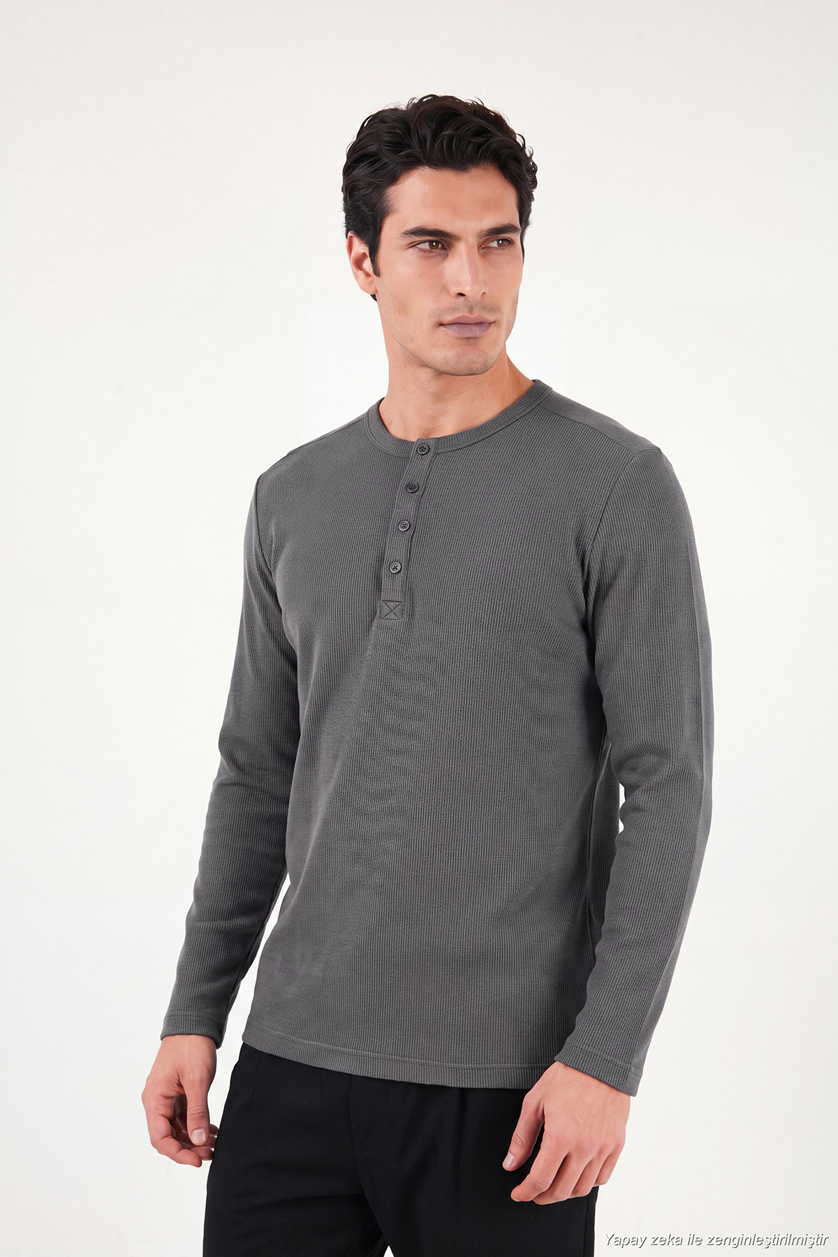 سویشرت مردانه یقه دکمه دار نخی منظم 5905852 — خاکستری — تصویر 3 از 6