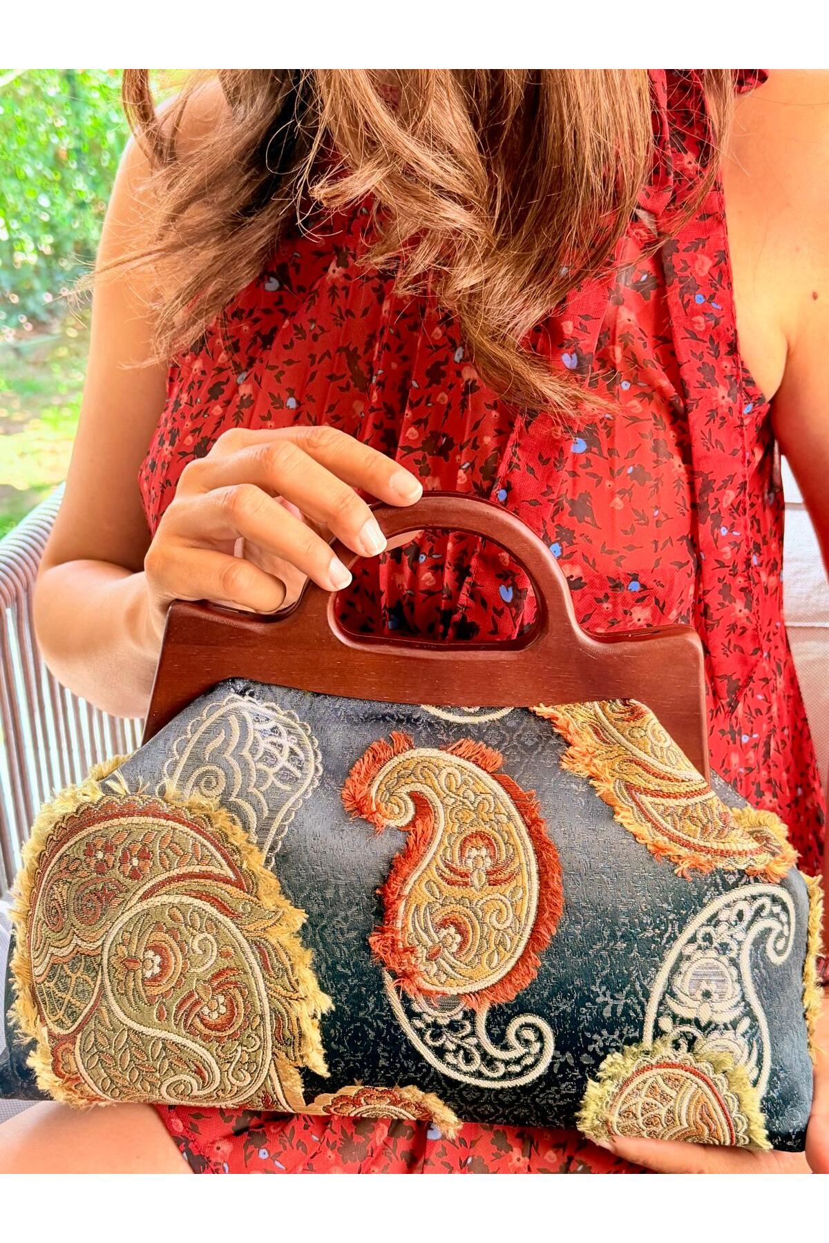 JOPHIEL ATELIER Cassiel - Ahşap Burslu Kumaş Portföy Çanta, Clutch, El Çantası görsel 7