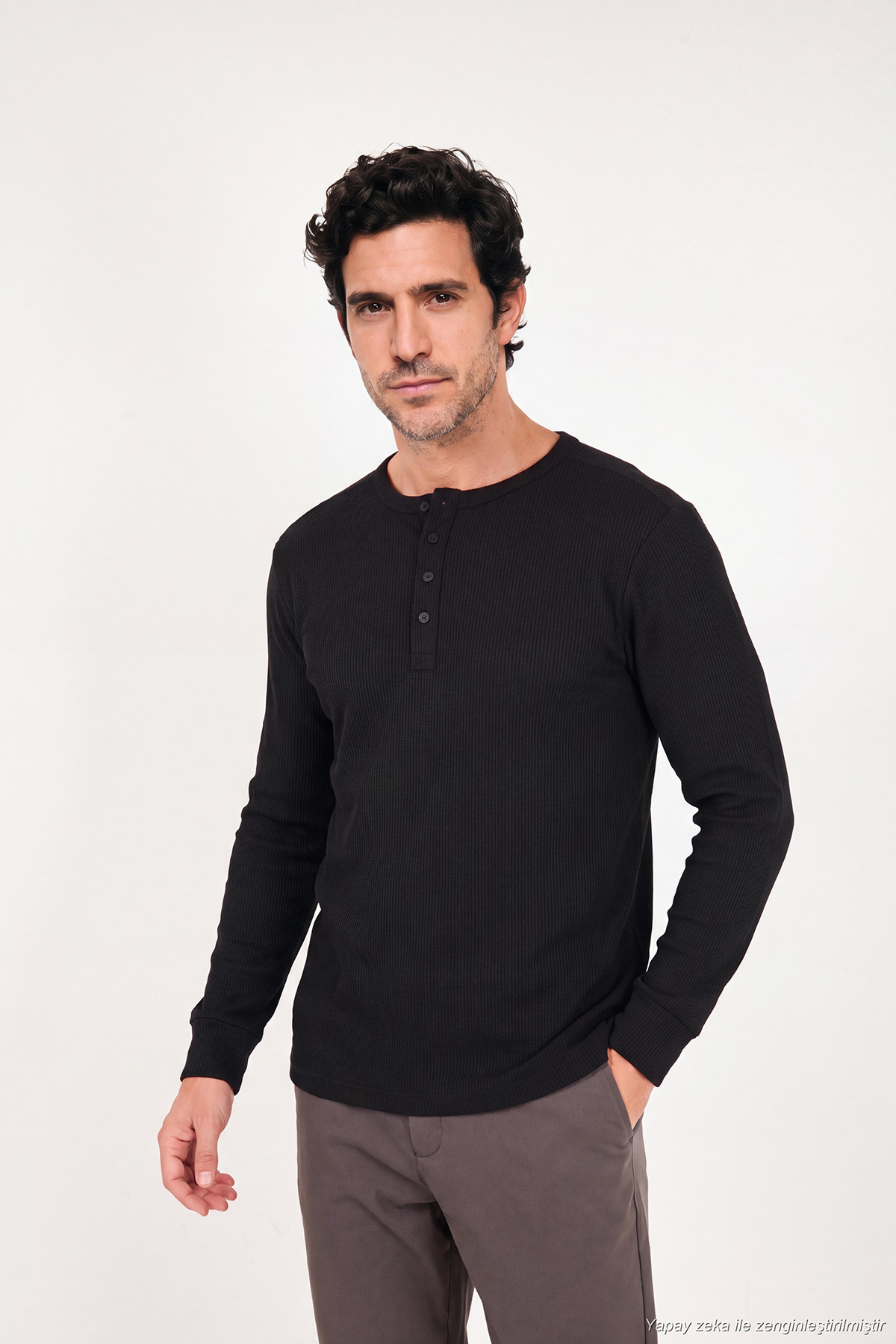 Pamuklu Regular Fit Düğmeli Bisiklet Yaka Sweat Erkek SWEAT 5905852 — مشکی — تصویر 4 از 7