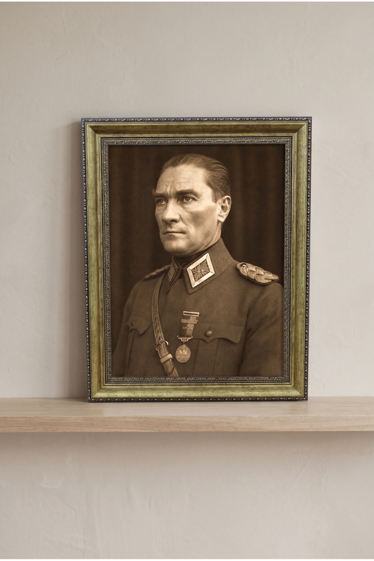 Atatürk Tablosu, Çerçeveli, Camlı, Ayaklı, Kaliteli Baskı Dekoratif Duvar ve Masaüstü Tablosu – İşlemeli Altın