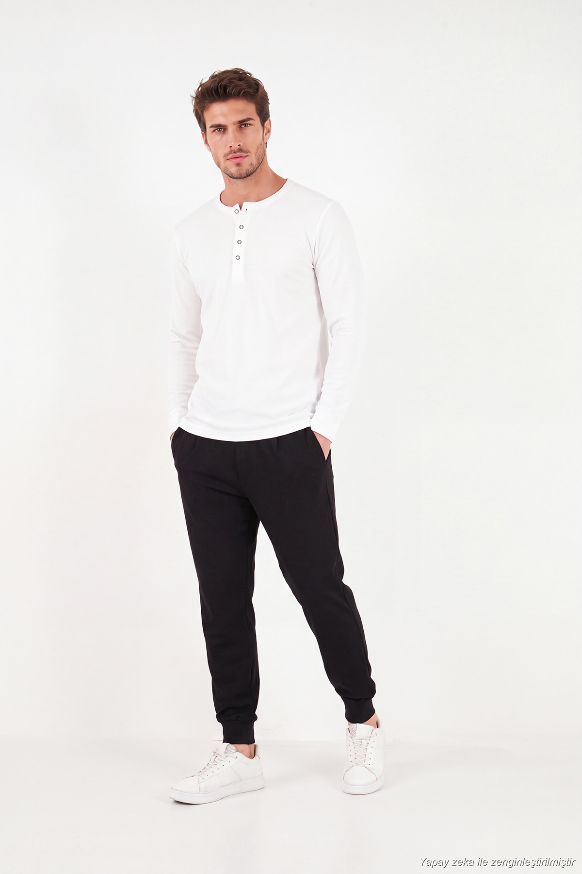 سویشرت مردانه یقه گرد دکمه دار نخی سایز معمولی SWEAT 5905852 — اکرو — تصویر 2 از 7