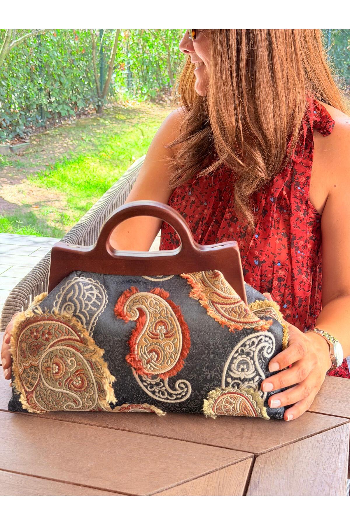 JOPHIEL ATELIER Cassiel - Ahşap Burslu Kumaş Portföy Çanta, Clutch, El Çantası görsel 4