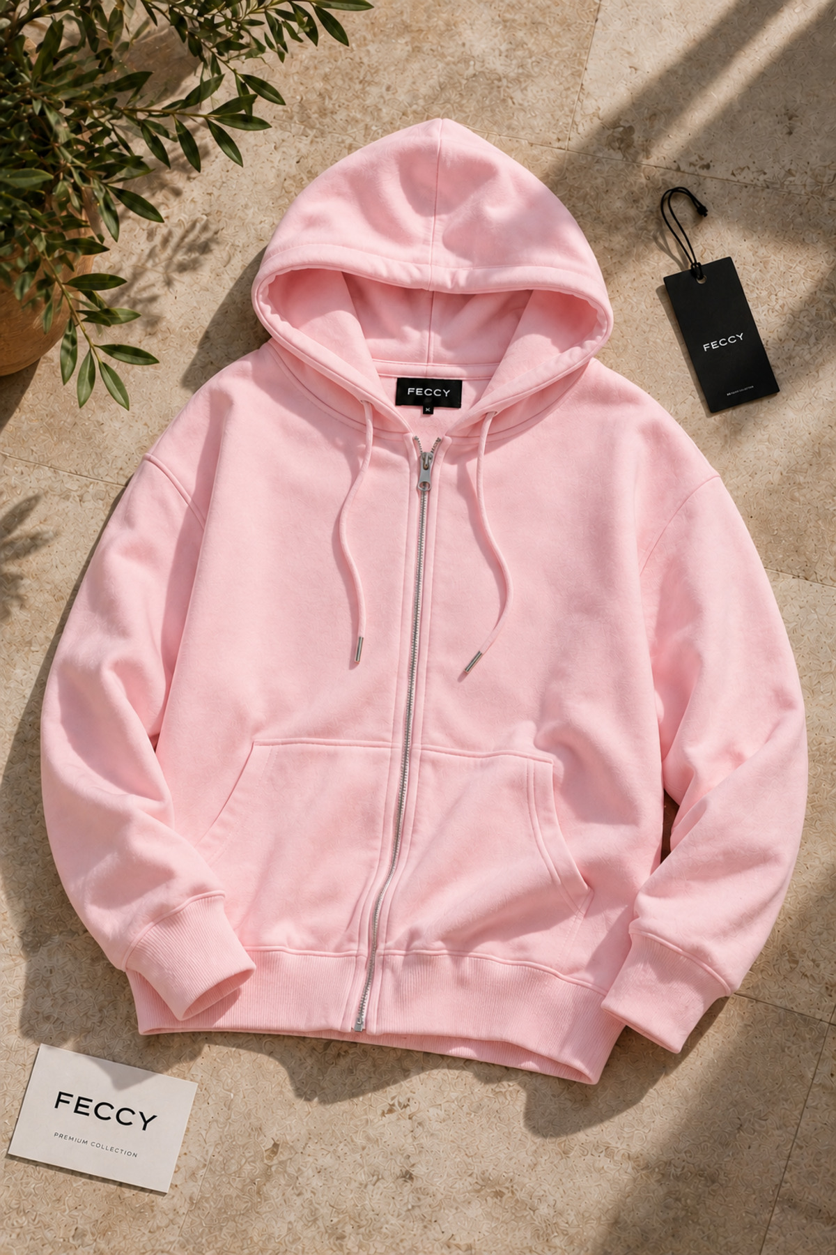 Premium Unisex Kapüşonlu Fermuarlı Cepli Üç İplik Oversize Hırka Sweatshirt — صورتی FECCY-HIRKA-01