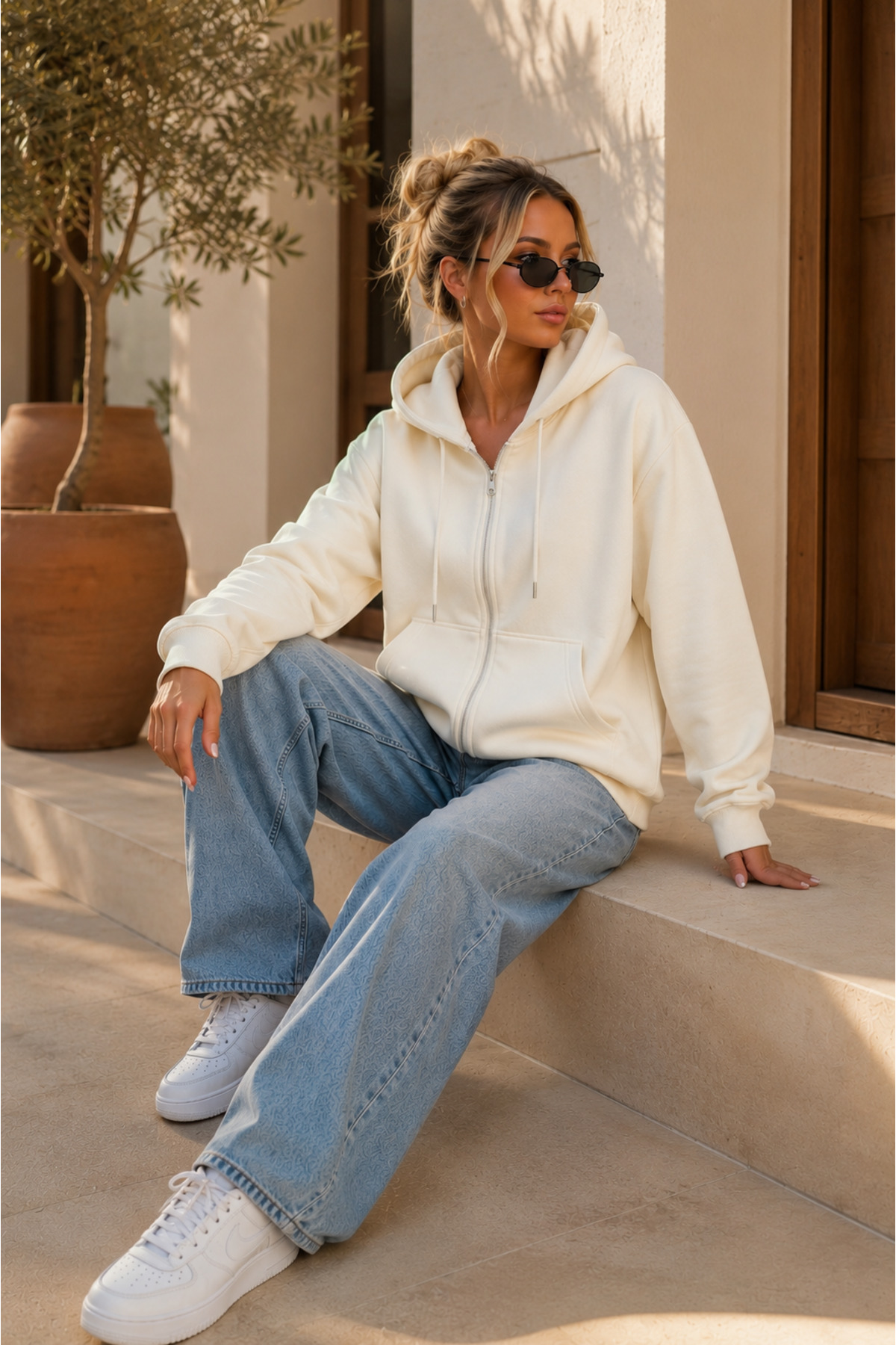 Premium Unisex Kapüşonlu Fermuarlı Cepli Üç İplik Oversize Hırka Sweatshirt — سفید FECCY-HIRKA-01 — تصویر 5 از 5