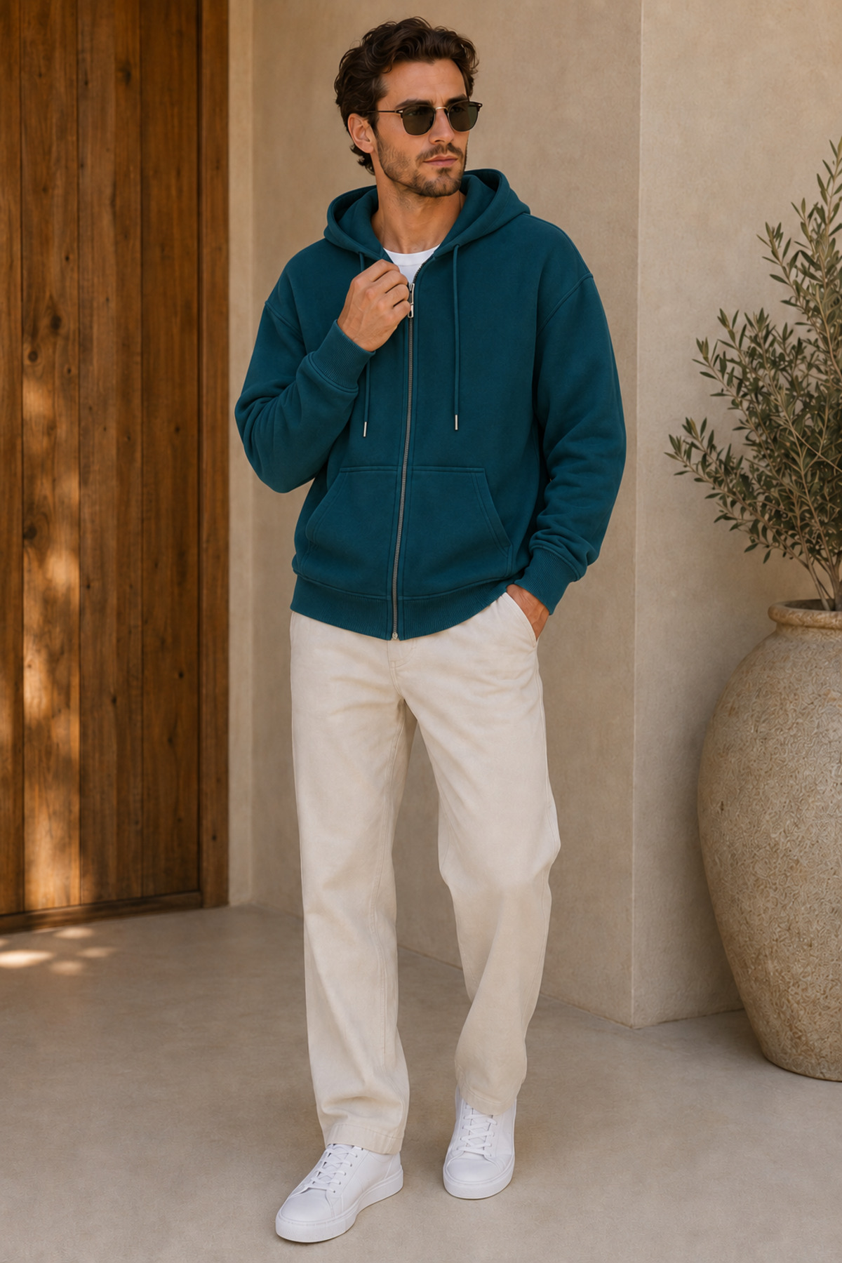 Premium Unisex Kapüşonlu Fermuarlı Cepli Üç İplik Oversize Hırka Sweatshirt — آبی FECCY-HIRKA-01 — تصویر 2 از 5