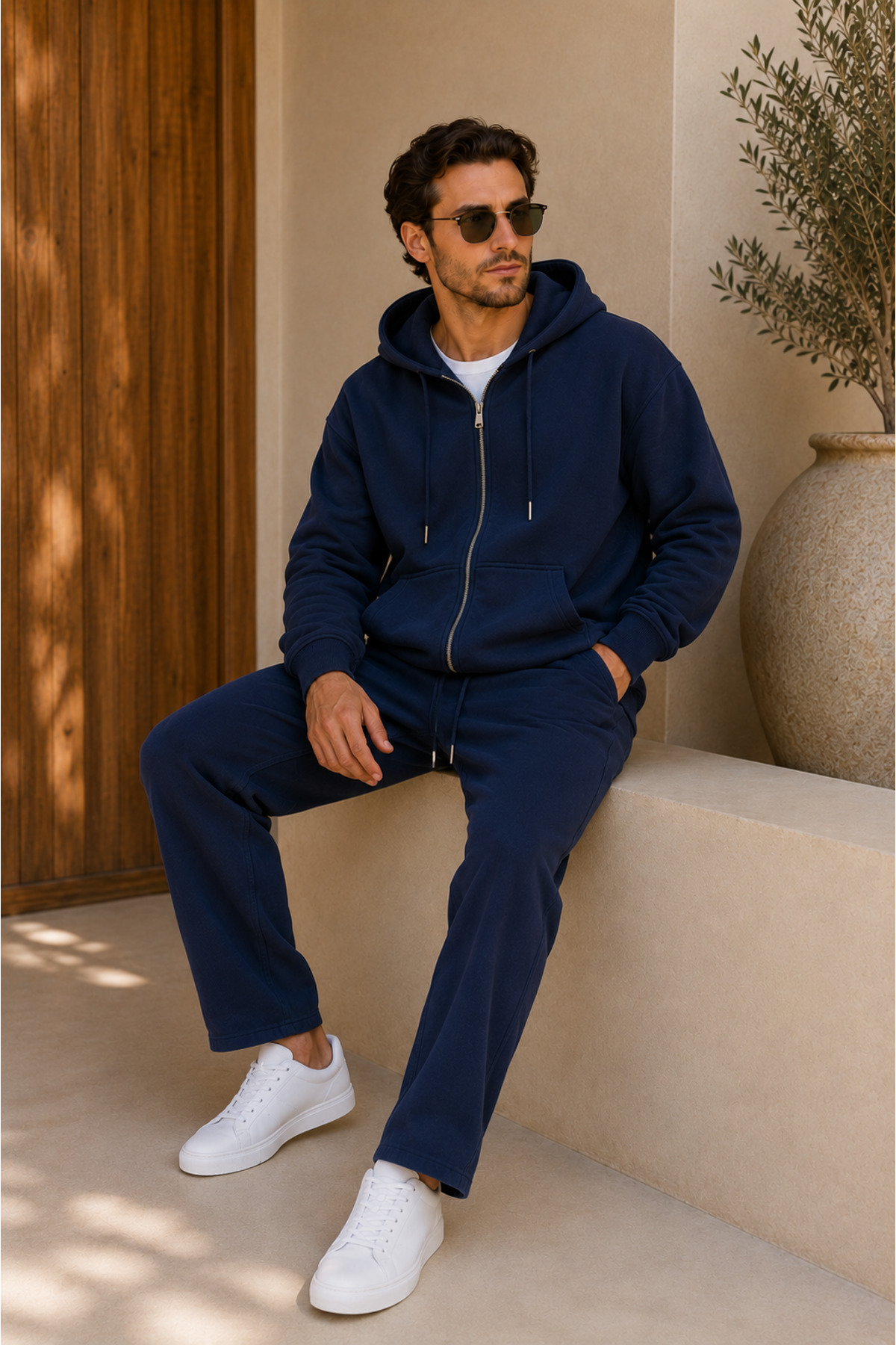 Premium Unisex Kapüşonlu Fermuarlı Cepli Üç İplik Oversize Hırka Sweatshirt — سرمه‌ای FECCY-HIRKA-01 — تصویر 4 از 5