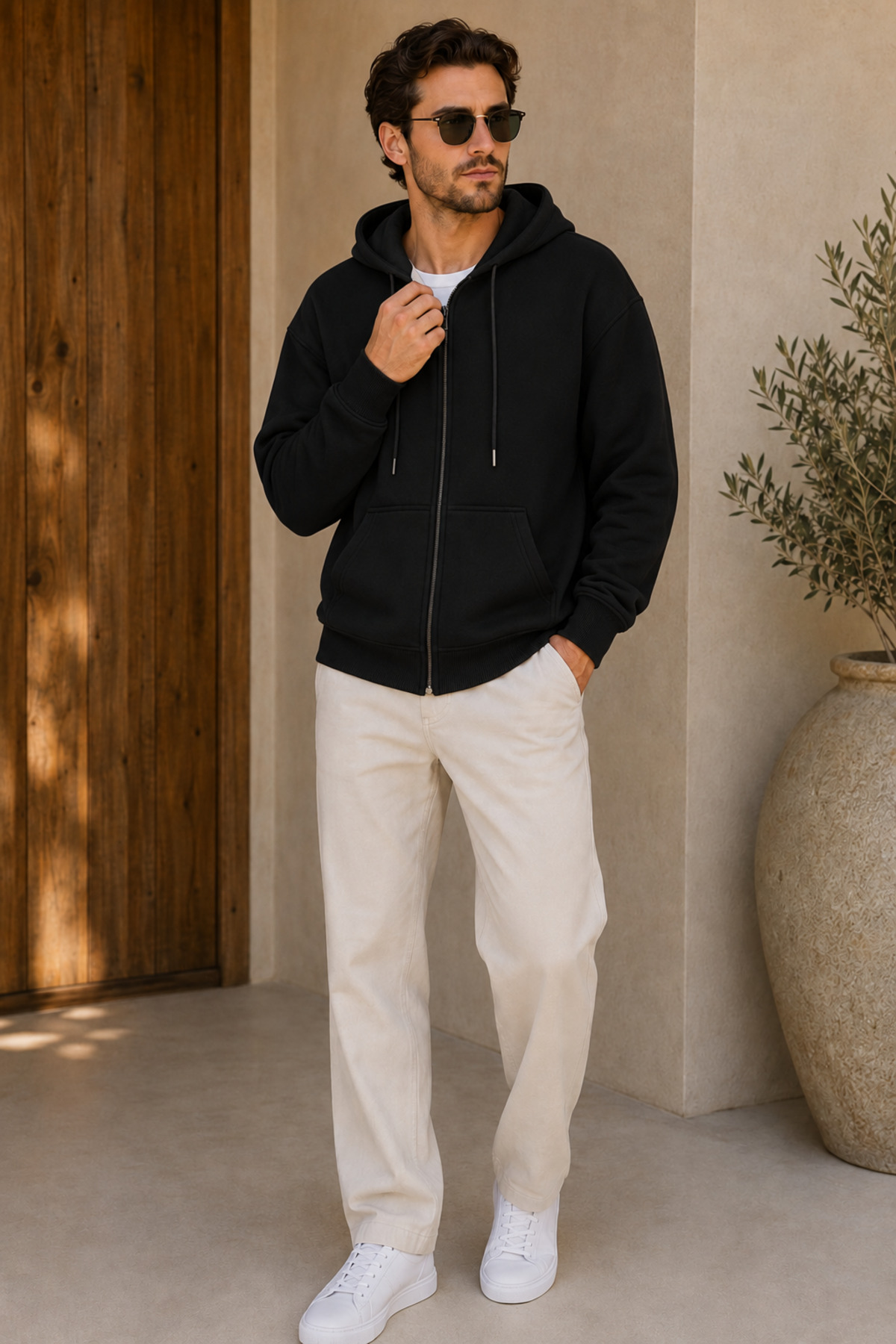 Premium Unisex Kapüşonlu Fermuarlı Cepli Üç İplik Oversize Hırka Sweatshirt — مشکی FECCY-HIRKA-01 — تصویر 2 از 5