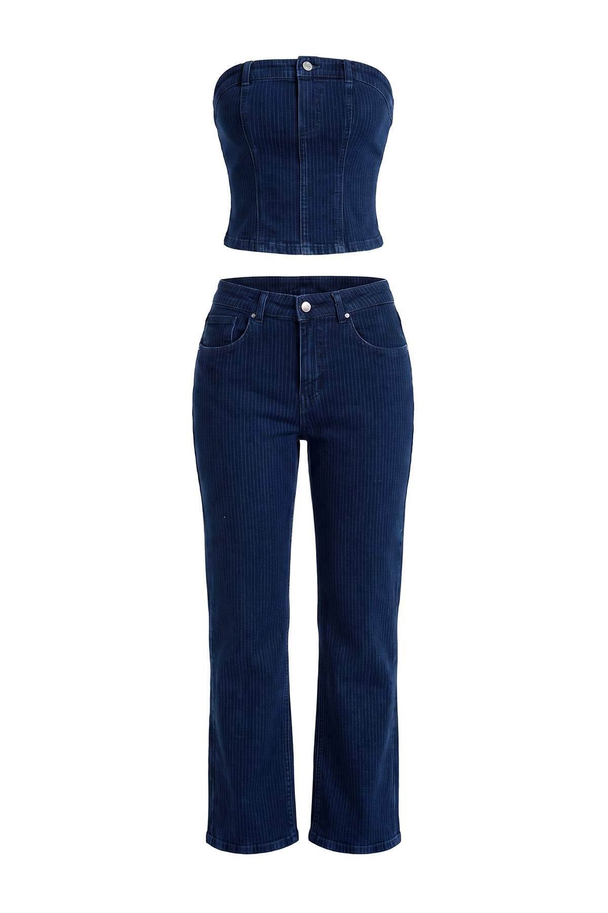 Trendyolmilla Koyu Mavi Çizgili Straplez Bluz Jeans Denim Alt - Üst Takım TWOAW27AU00102