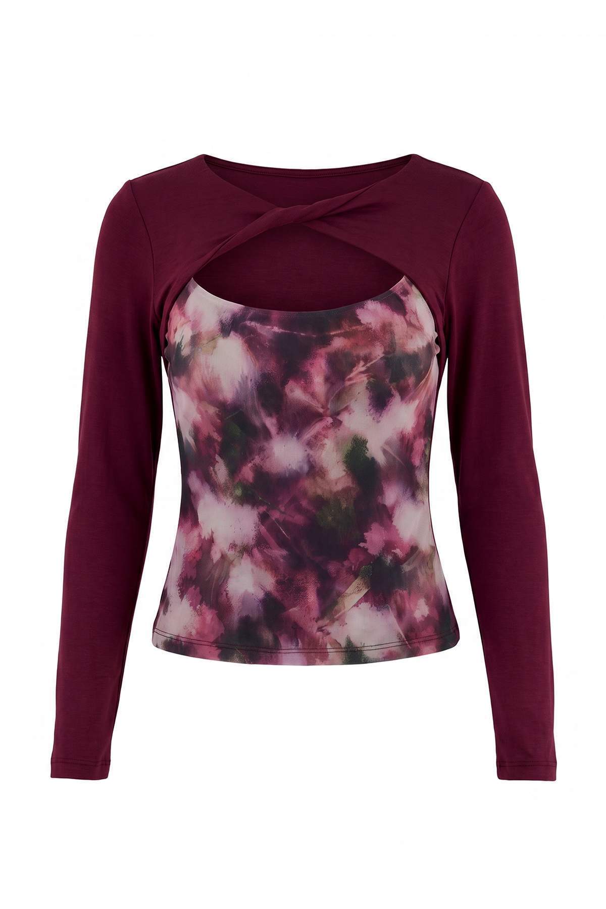 Trendyolmilla Mürdüm Tül Detaylı Çift Görünümlü Soyut Pencere Detaylı Fitted Örme Bluz TWOAW26BZ00098