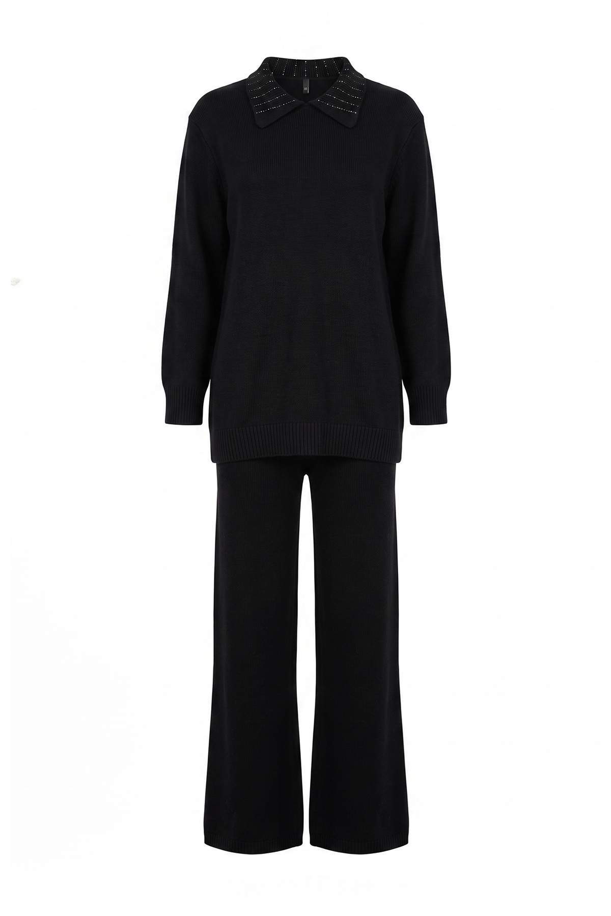 Trendyolmilla Modest Siyah Triko Taşlı Polo Yaka Oversize Alt - Üst Takım TCTAW27US00025