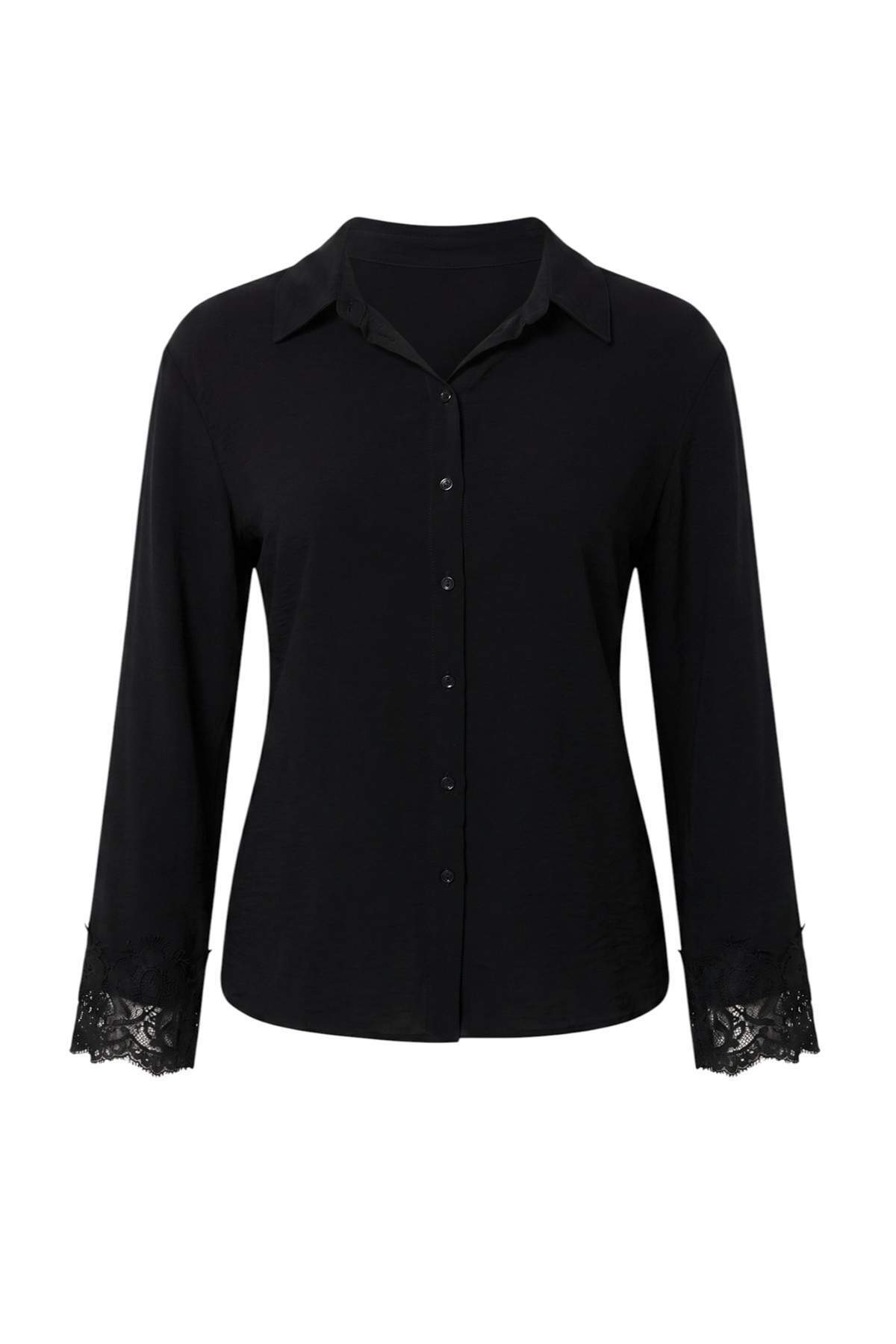Trendyolmilla Modest Siyah Manşeti Dantelli Dökümlü Oversize Gömlek TCTAW27TG00019