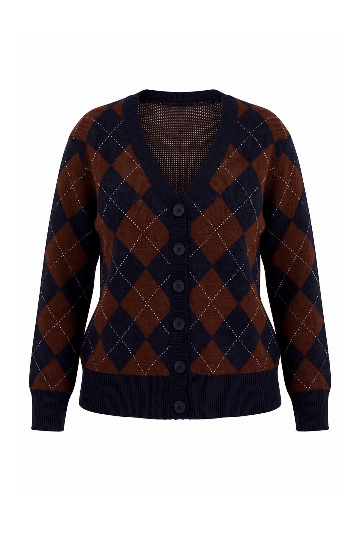 Trendyolmilla Curve Lacivert-Camel Baklava Desenli V Yaka Triko Hırka TBBAW26AV00055