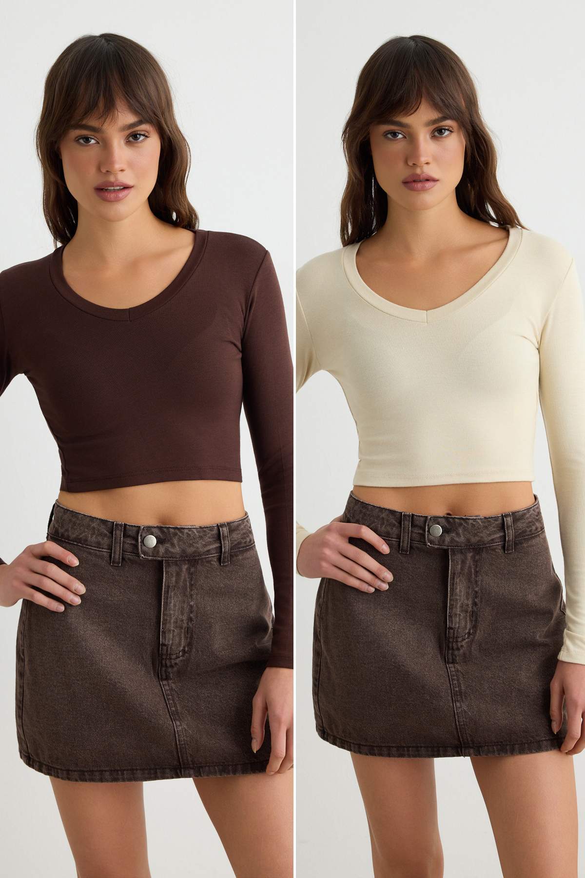 Trendyolmilla Kahverengi-Taş 2'li Paket Super Crop Fitted/Vücuda Oturan Premium Yumuşak Örme Bluz TWOAW25BZ00306