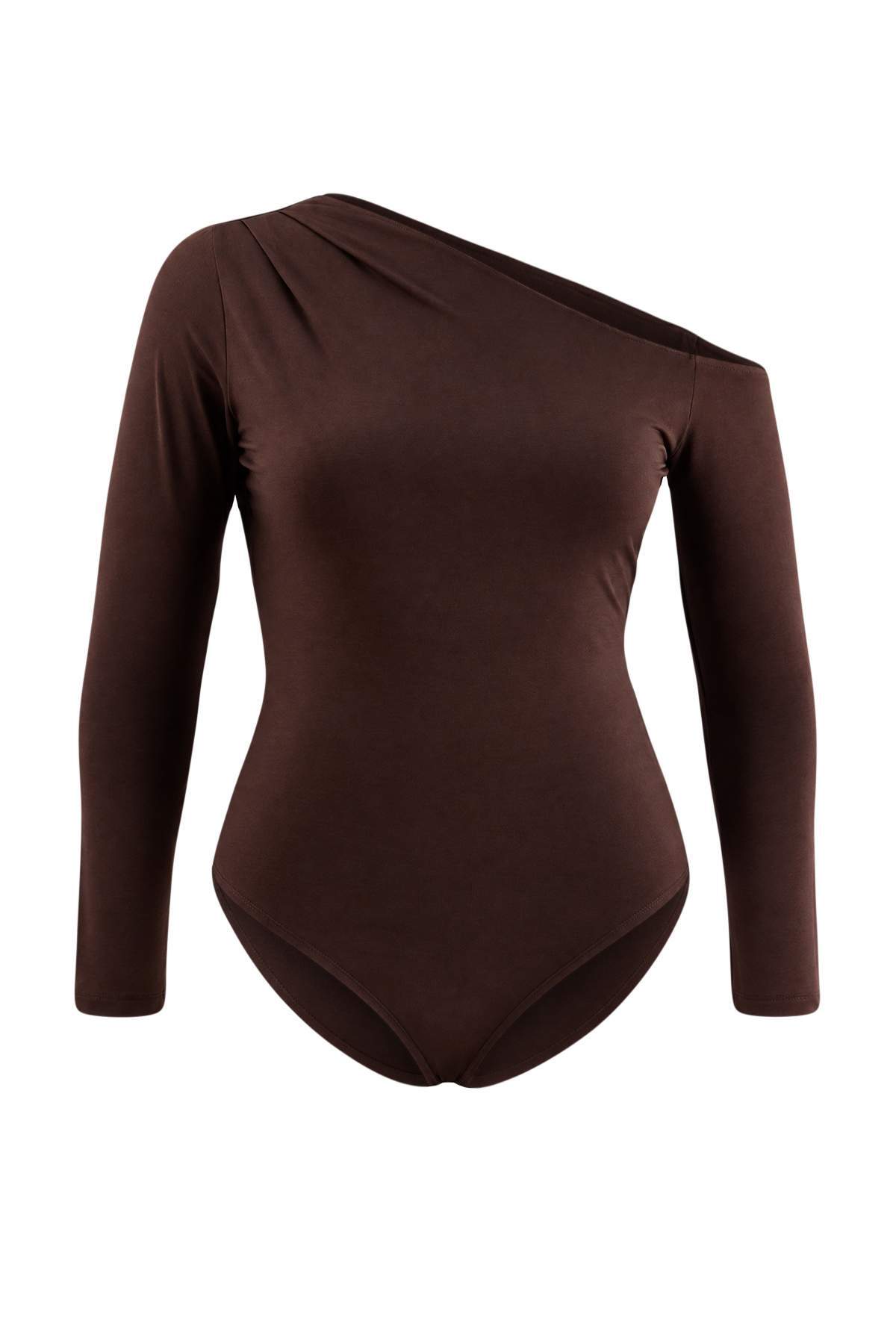 Trendyolmilla Curve Kahverengi Asimetrik Yaka Uzun Kollu Esnek Çıtçıtlı Örme Body TBBAW27CS00015