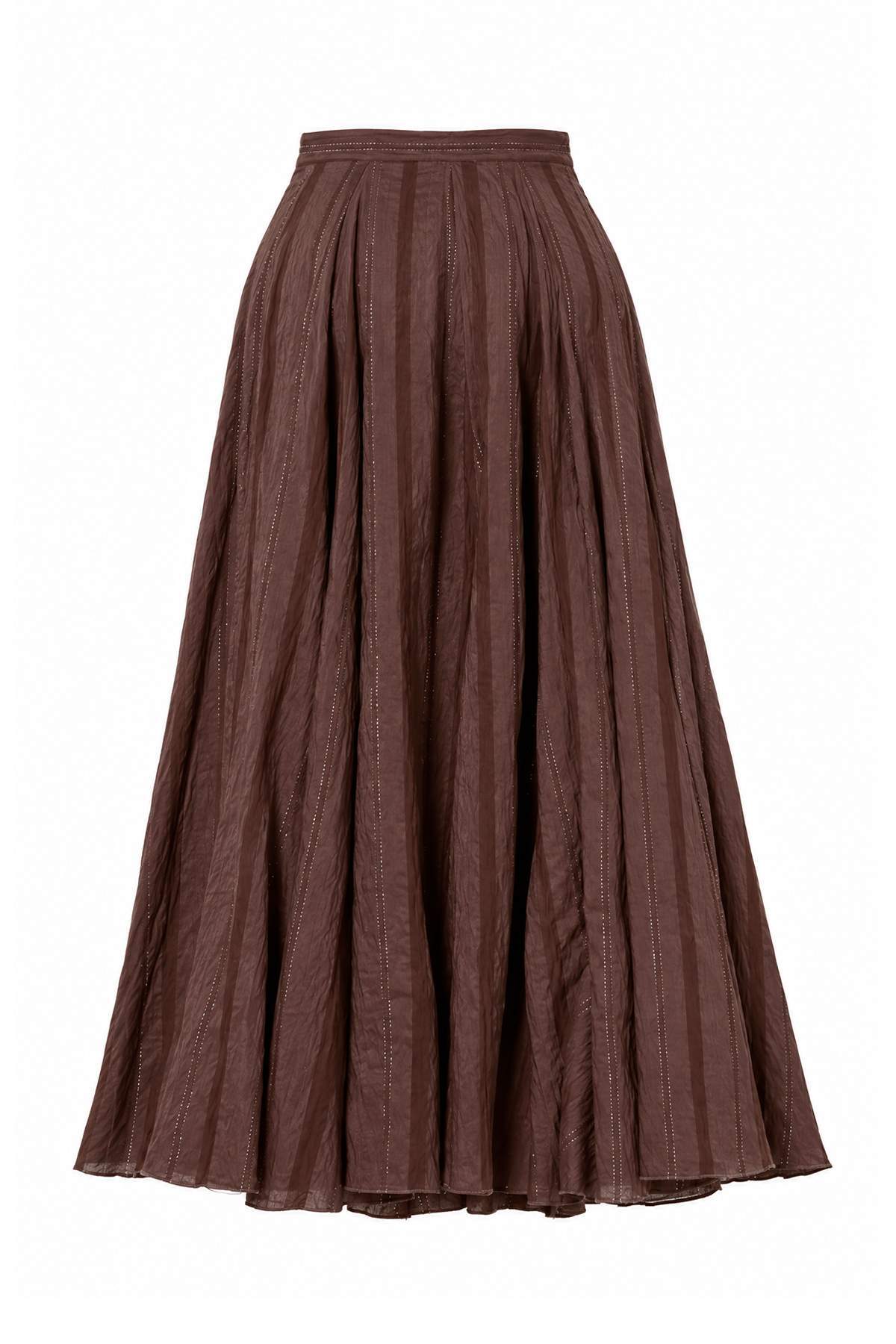 Trendyolmilla Modest Koyu Kahverengi Simli Volanlı Maxi Uzun Etek TCTSS26EE00040