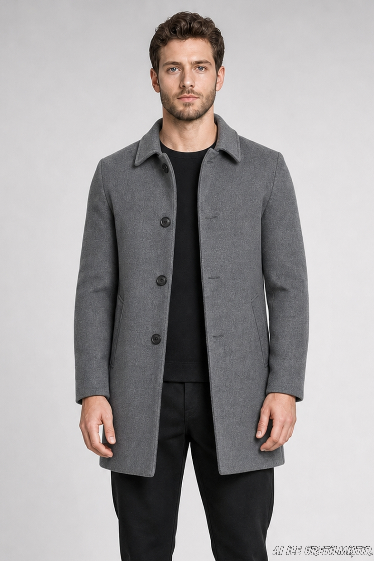Freemen Erkek Antrasit Slim Fit Kaşe Kaban Klasik Yaka 3 Düğmeli Kısa Kesim Kışlık Palto