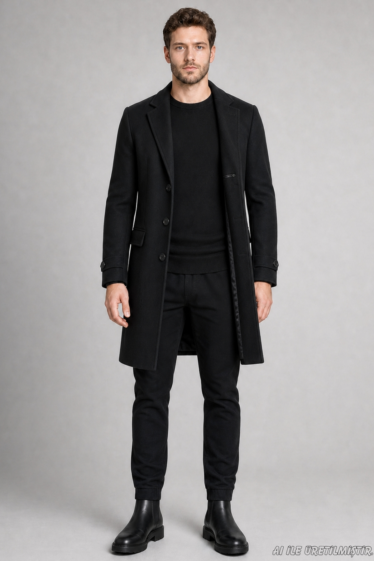 Freemen Erkek Siyah Slim Fit Kaşe Kaban Klasik Yaka 3 Düğmeli Uzun Kesim Kışlık Palto görsel 4