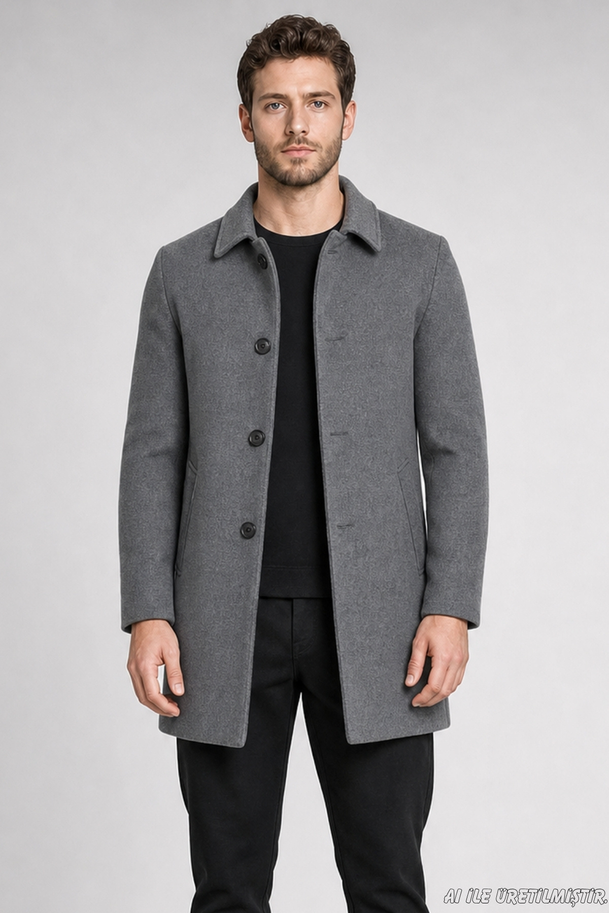 Freemen Erkek Antrasit Slim Fit Kaşe Kaban Klasik Yaka 3 Düğmeli Kısa Kesim Kışlık Palto görsel 2