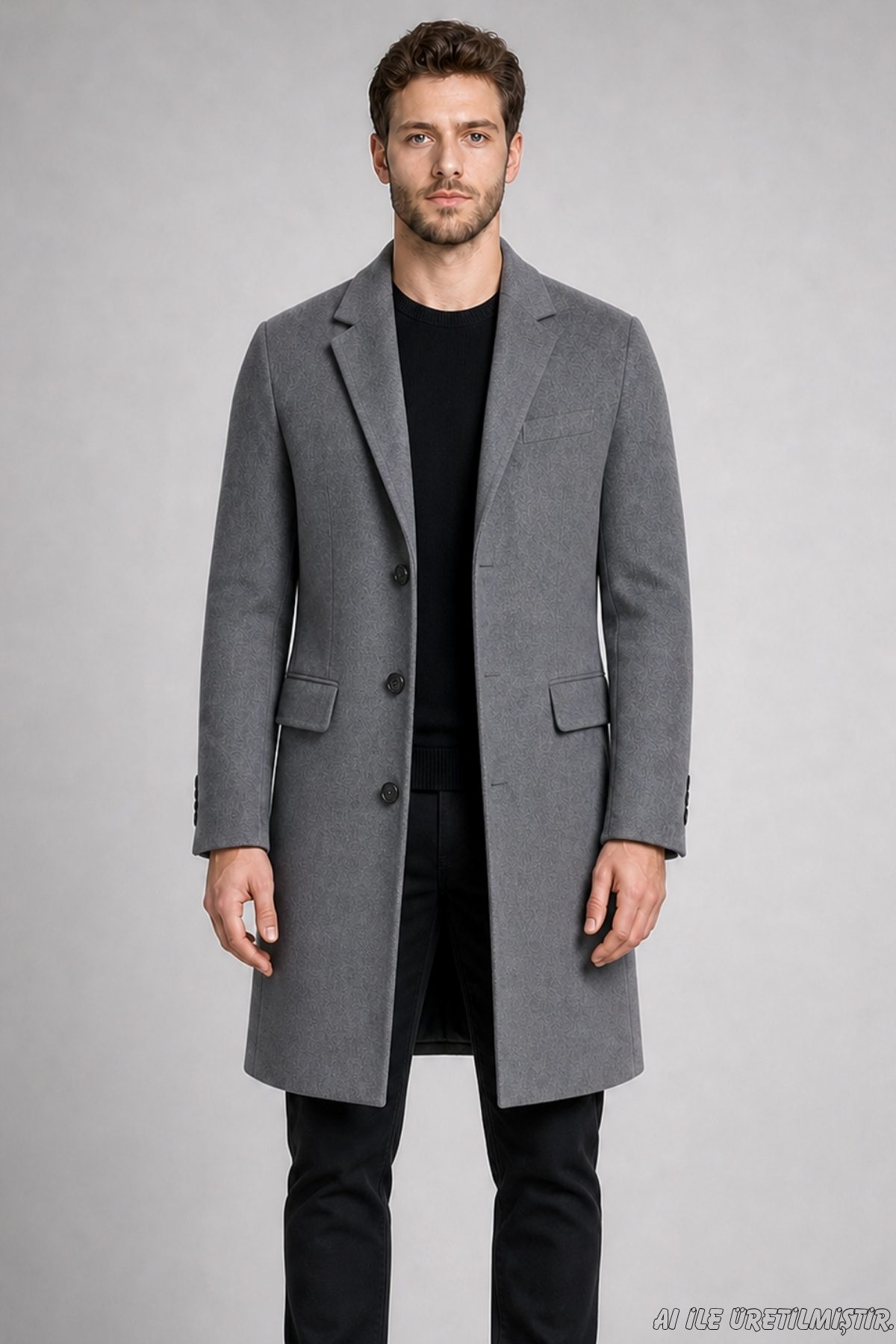 Freemen Erkek Antrasit Slim Fit Kaşe Kaban Klasik Yaka 3 Düğmeli Uzun Kesim Kışlık Palto görsel 2