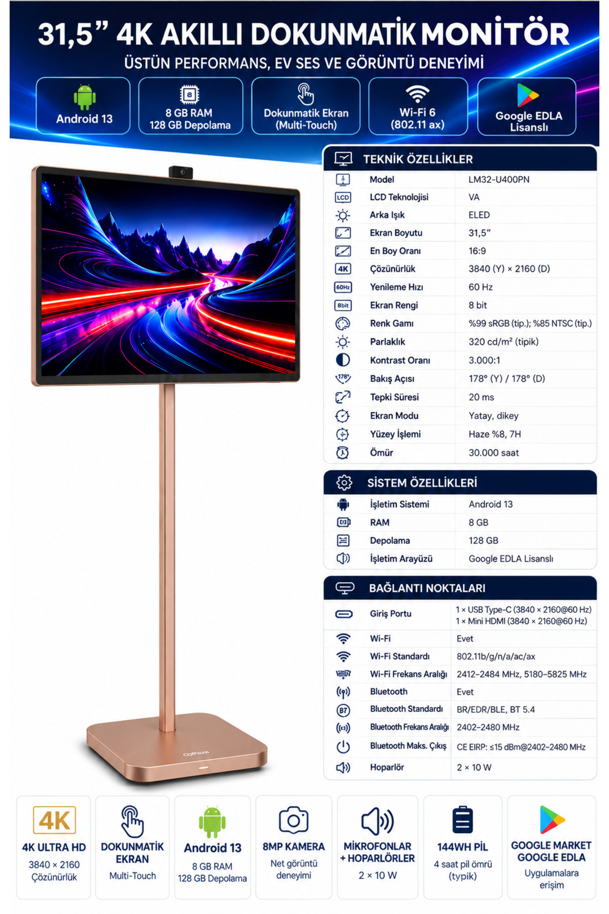 DAHUA LM32-U400PN 31,5'' 4K Taşınabilir Smart Android Dokunmatik Monitör 350nit 20Ms 8MP Magnetic Kamera Mikrofon Hoparlör UHD IPS 4 saat pil kapasitesi