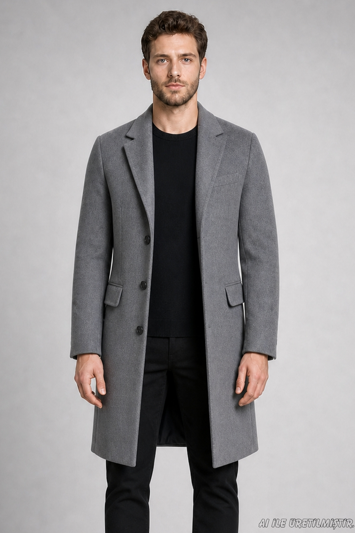 Freemen Erkek Antrasit Slim Fit Kaşe Kaban Klasik Yaka 3 Düğmeli Uzun Kesim Kışlık Palto görsel 3